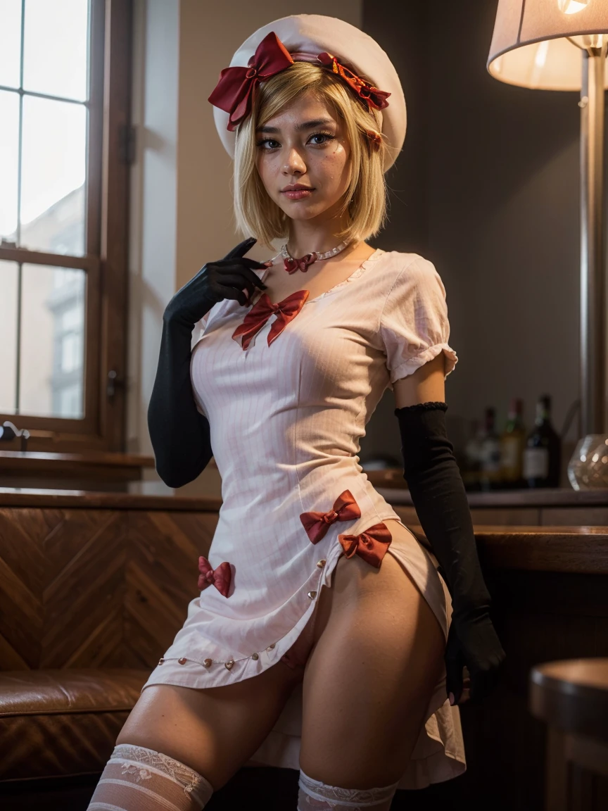 (1 lady), The beautiful, (Best quality at best:1.4), (ultra - detailed), (extremely detailed CG unified 16k), gold blonde hair, very detailed, High-definition RAW color photo, professional photoshooting, amazing face and eyes, cosmetics, (amazingly beautiful girl), ((lambdadelta)), ((dress, shoes bow, red shoes, striped stockings, red bow, pink hat, necklace, gloves, nude, nsfw, explicit nude, nongenital crotch, asexual anatomy, no genitals)), (without genitals, visible crotch without genitals), (crotch is visible), standing, sexyposture，(Dark and stylish bar, drinks, lamp lights, lamp lights:1.3), (look from down), realistic cinematic face, head to feet long wide zoomed out view, full body long view, photorealistic, ((realistic natural blonde hair style, honey eyes)), gorgeous, extremely beautiful face, perfect model beauty, pout mouth, flirting smile, cleavages, city girl, western, shopping in the city, (masterpiece), best quality, high resolution, extremely detailed, blurred background, depth of field, cinematic lighting, amazing legs, high heels, clear and well-cared skin, looking at viewer, frontal photo