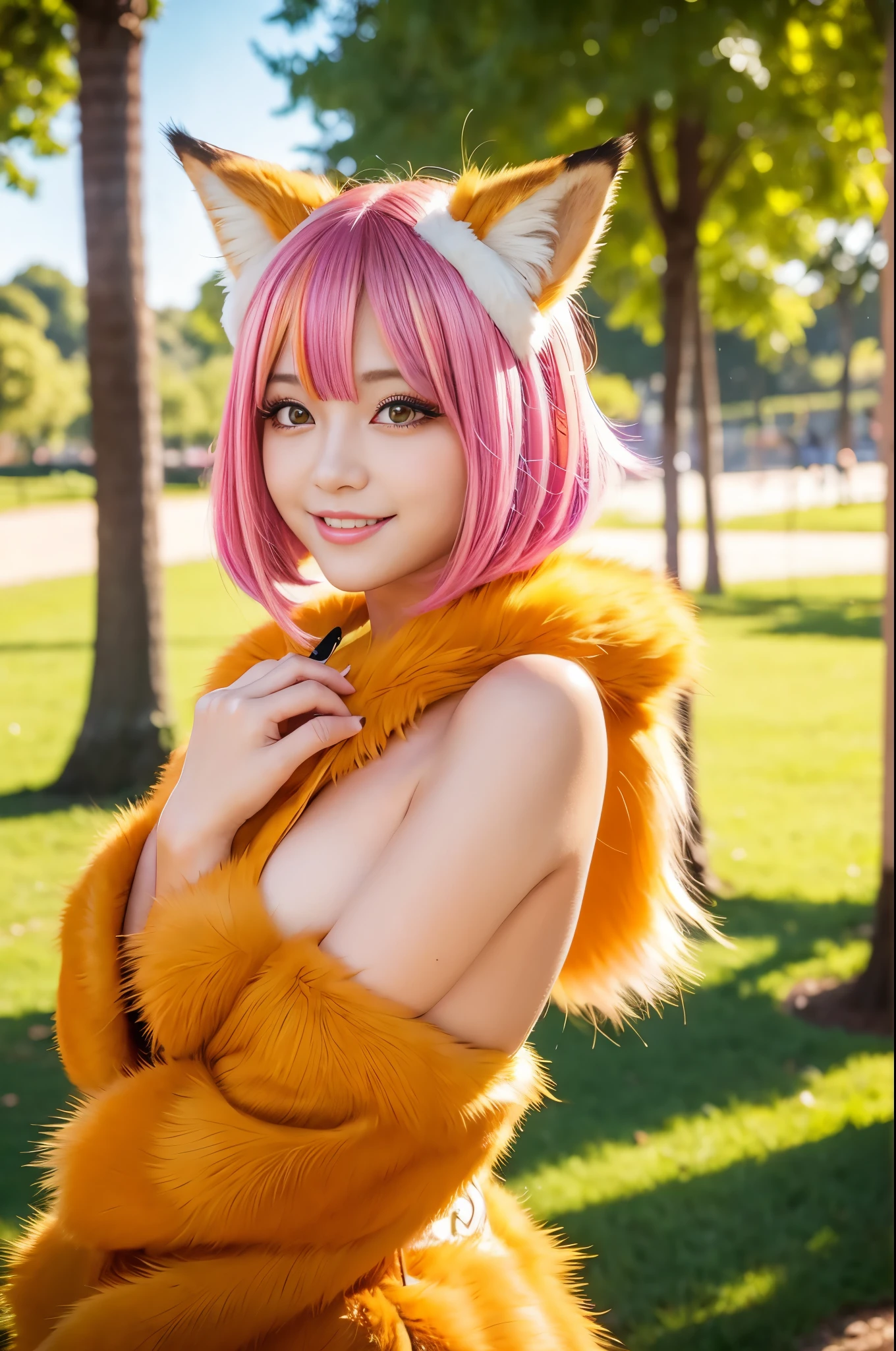 (best quality,4k,8k,highres,masterpiece:1.2),ultra-detailed,(realistic,photorealistic,photo-realistic:1.37),cute,solo girl with orange long wavy hair,blue eyes,fox ears,fluffy fox tail,wearing traditional Japanese  clothing, summer time in Japan,beautiful garden scenery,lush greenery,colorful