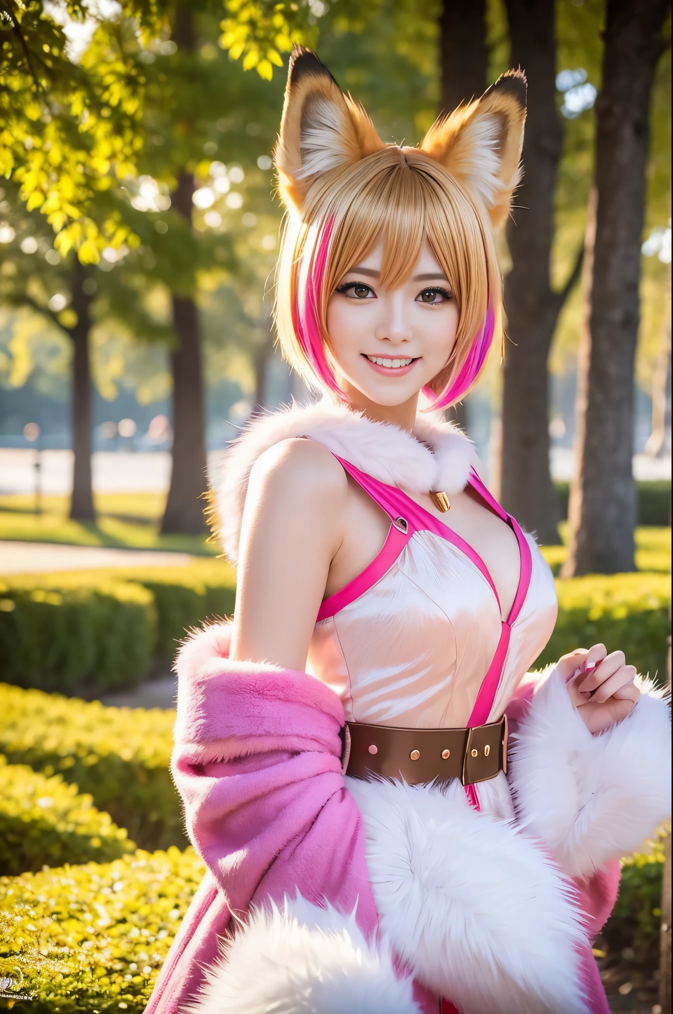 sexy golden princess, (-anime), only 1 female, very short hair, beautiful smile, lipgloss, long lashes, defined eyebrows, detailed fox anime cosplay, fluffy fur vivid colors fox outfit, fox cosplay accessoires, fox ears, vivid colors, look at the camera, cinematic light, large park background with trees, sweet and sexy pose