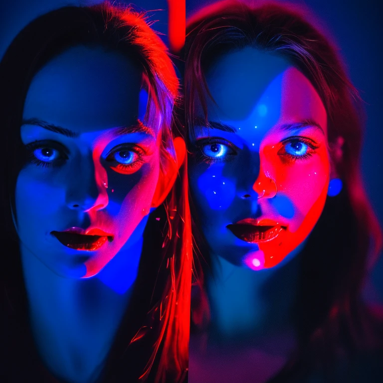 (((2heads))),1man with short dark hair and beard next to a pale red headed woman, at a club, , (Best Quality, 8k, Masterpiece: 1.3), Clear Focus: 1.2, Perfect Body Beauty: 1.4 , Slender Abs: 1.2, Highly detailed face and skin texture, detailed eyes, , females breasts, oversized low plunge pink and blue  sweater,(( gooey white liquid splattered on face))