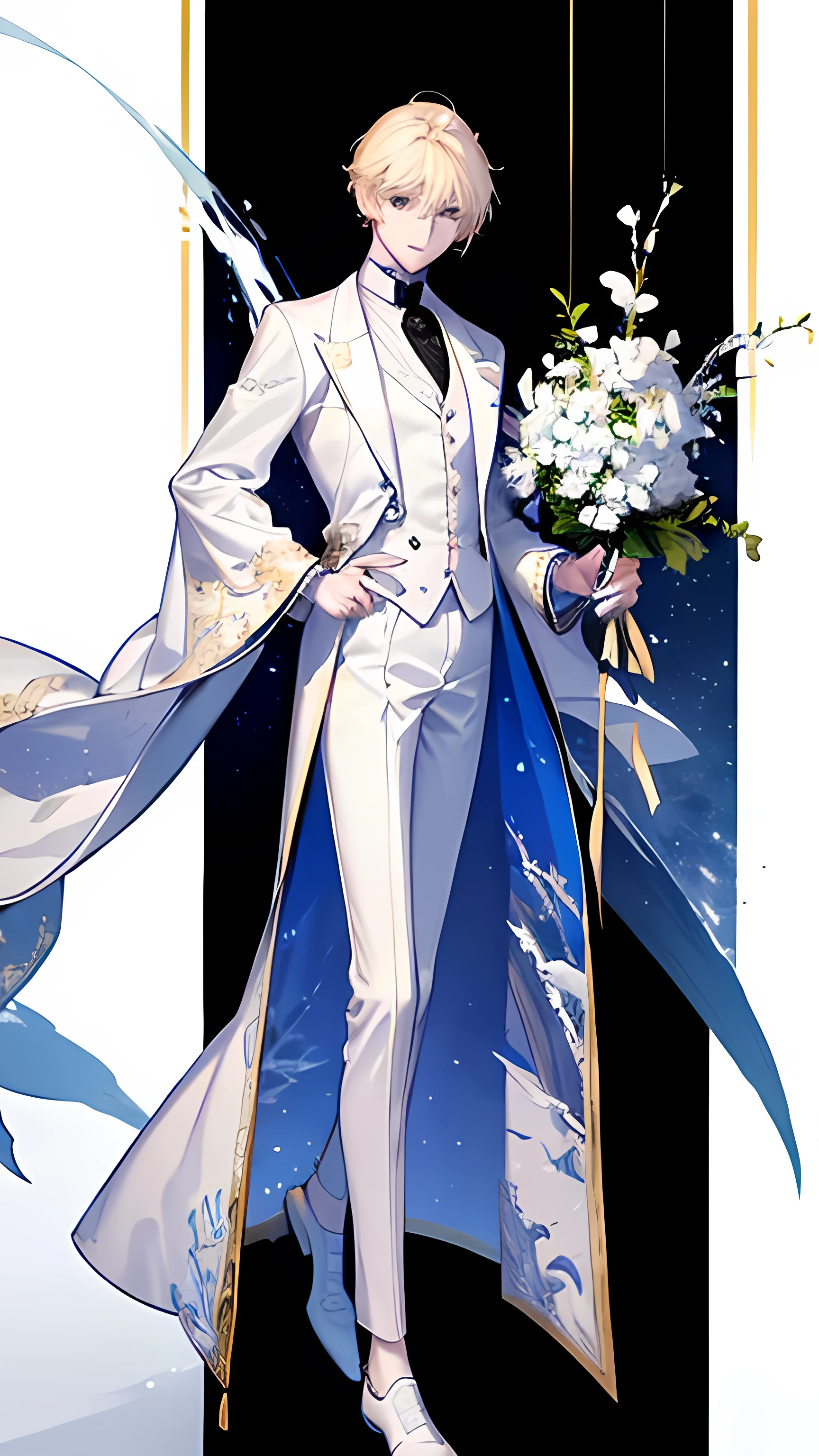 high resolution、high quality、Are standingmale、whole body、tall、Long legs、Blonde、White tailcoat suit、White leather shoeale、Are standing、British Gentleman、Laosheng