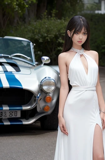 a lot of details, (slender waist), 30 years old, detailed black hair, beautiful detailed hair, super fucking beautiful, complex details beautiful and delicate eyes, perfect hands, (small breasts best quality), perfect and delicate limbs, detailed skin, best quality, ultra-detailed,
desert, shelby cobra 427, cheerful grin, (A scene where she is standing next to Shelby Cobra 427 and leaning on it:1.3), hair covering eyes, white court dress, (full body shot:1.1), from front, ground-level shot, wide view