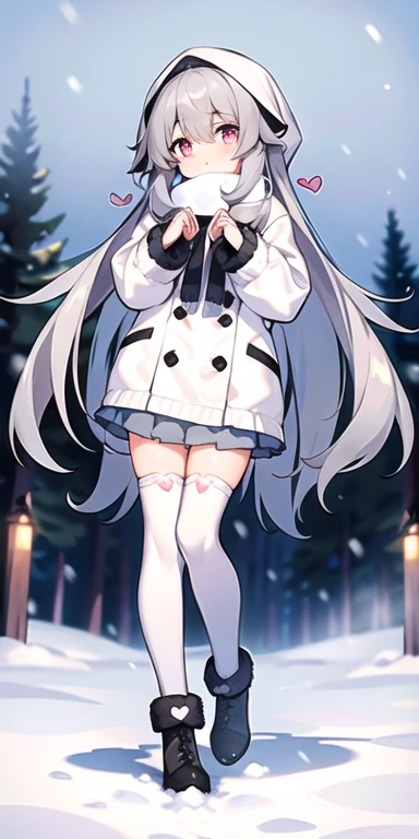 , Long Hair, cute, Heart-shaped pupils, alone, Gray Hair, blush, winter, snow, Outdoor, White Stockings, Are standing