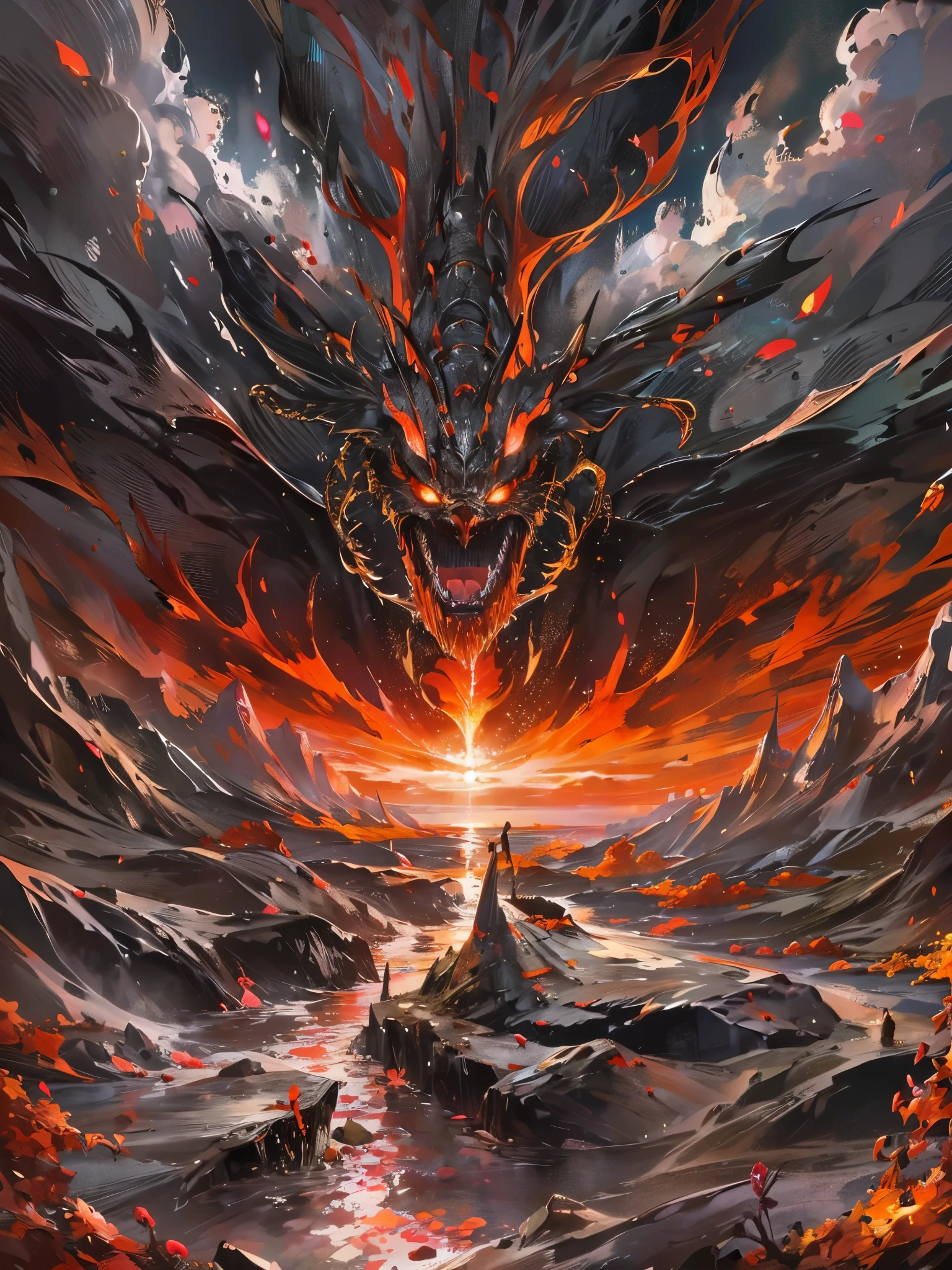 ((highest quality)),(Ultra-high resolution),(Super detailed new),(Detailed Description),((The best CG)),(A masterpiece),Ultra-detailed art,A wonderful new art form,(Art with precise detail:1.5), Burning Red, anger, roar, Great Destruction,