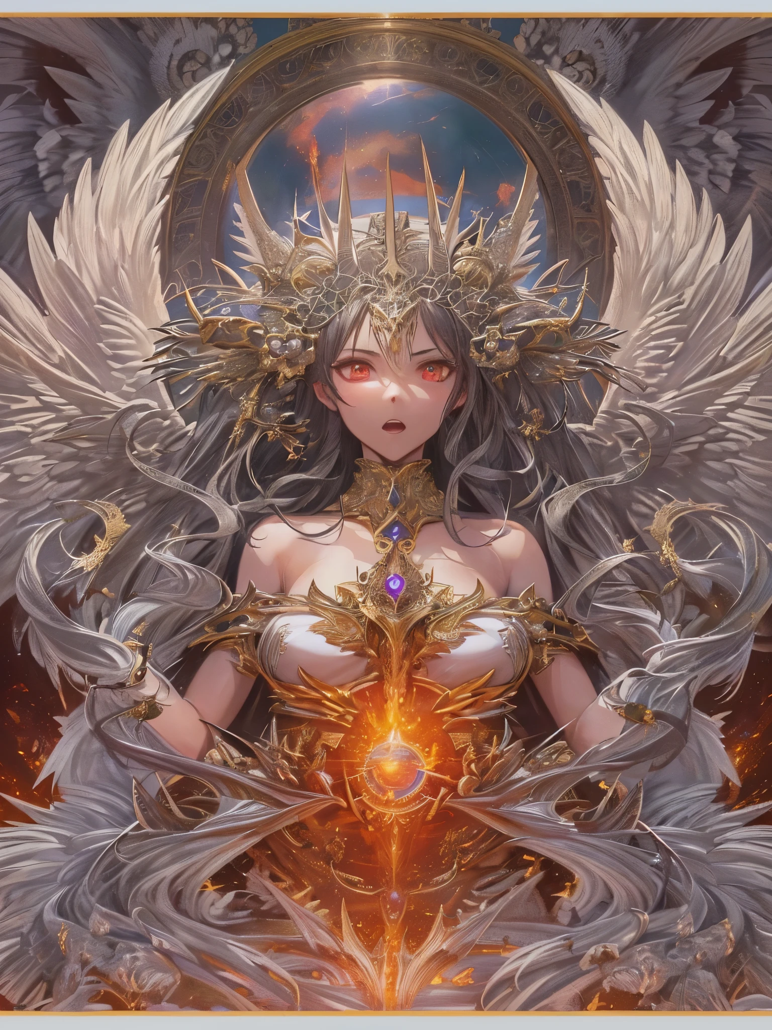 ((highest quality)),(Ultra-high resolution),(Super detailed new),(Detailed Description),((The best CG)),(A masterpiece),Ultra-detailed art,A wonderful new art form,(Fantasy art with intricate detail:1.5), (Female angels:1.4), burn, Eyes glowing with anger, 