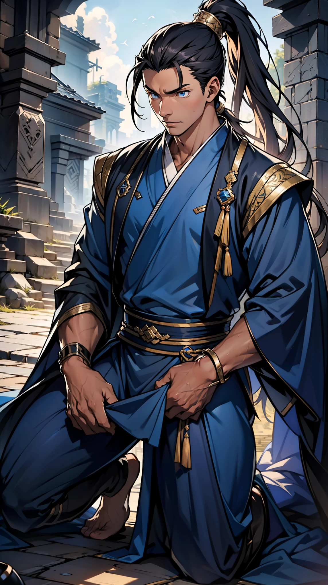 high quality,Best picture quality,Ultra-clear,Level Lighting,Ultra Detailed,Ray Tracing,individual(Young men),Handsome,(Youthful feeling),Black long hair,High Ponytail Hairstyle,blue eyes,Perfect male body,Wearing a blue ancient robe,kneel,Crotch view