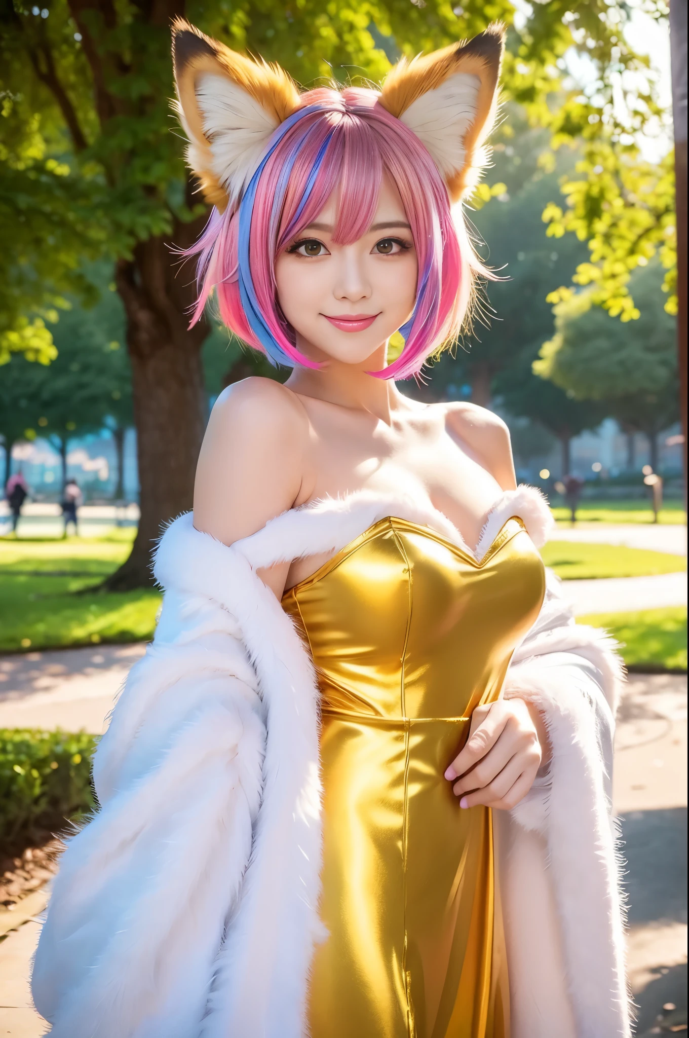 sexy golden princess, (-anime), only 1 female, very short hair, beautiful smile, lipgloss, long lashes, defined eyebrows, detailed fox anime cosplay, fluffy fur vivid colors fox outfit, fox cosplay accessoires, fox ears, vivid colors, look at the camera, cinematic light, large park background with trees, sweet and sexy pose