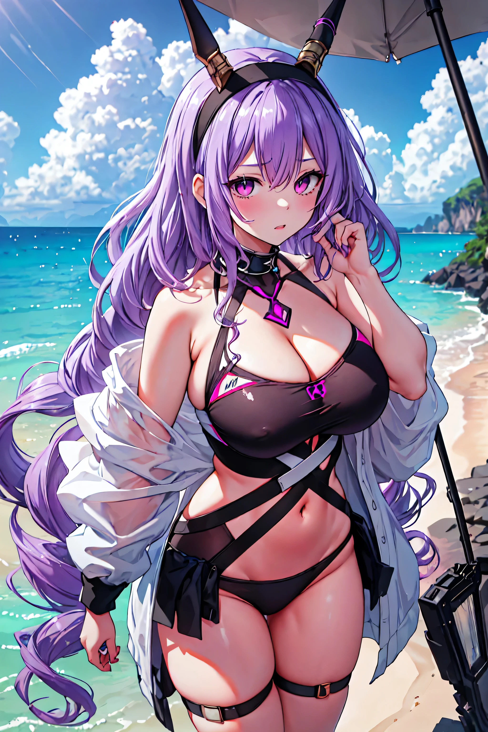Typhon| Ark Knight, Masterpiece, best quality, 1 woman,25 years old ,micro mini bikini small, micro mini bikini covering only the nipples, gigantic bust, big, Big breasts, Big chest, shrug shoulders, my hair is very long., headband, purple hair, proportion body, proportion, show your , Water set, This micro bikini,micro mini bikini, Lying on the beach with exciting challenges, Not clear. ,only, beautiful sea, The sky is beautiful, Looking at the audience from the front, thigh strap, tilt your head, bored, 10, 10, high resolution, Show off some serious design., Expression of anger, express dissatisfaction , Very angry.. ,