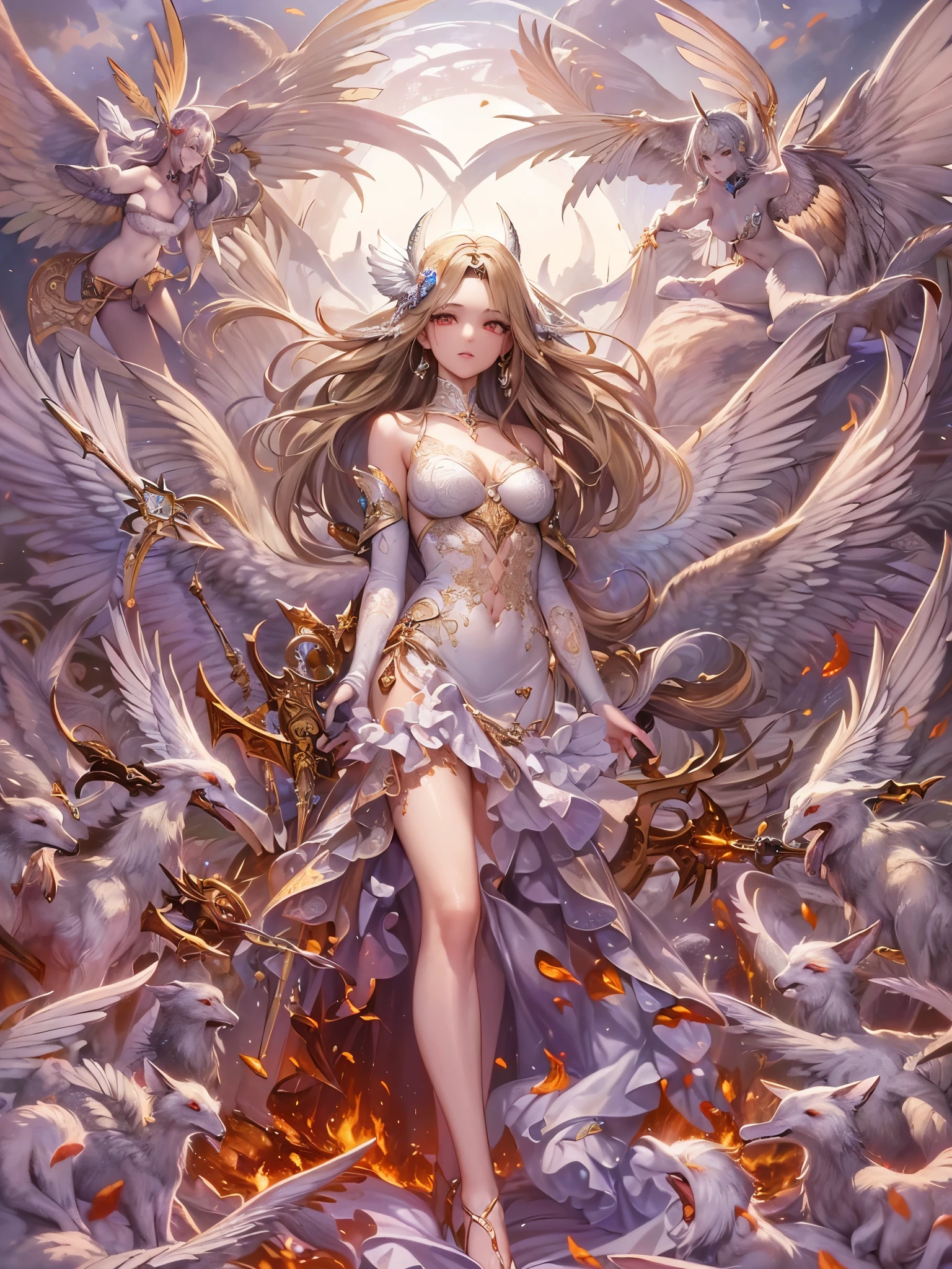 ((highest quality)),(Ultra-high resolution),(Super detailed new),(Detailed Description),((The best CG)),(A masterpiece),Ultra-detailed art,A wonderful new art form,(Fantasy art with intricate detail:1.5), (Female angels:1.4), burn, Eyes glowing with anger, 