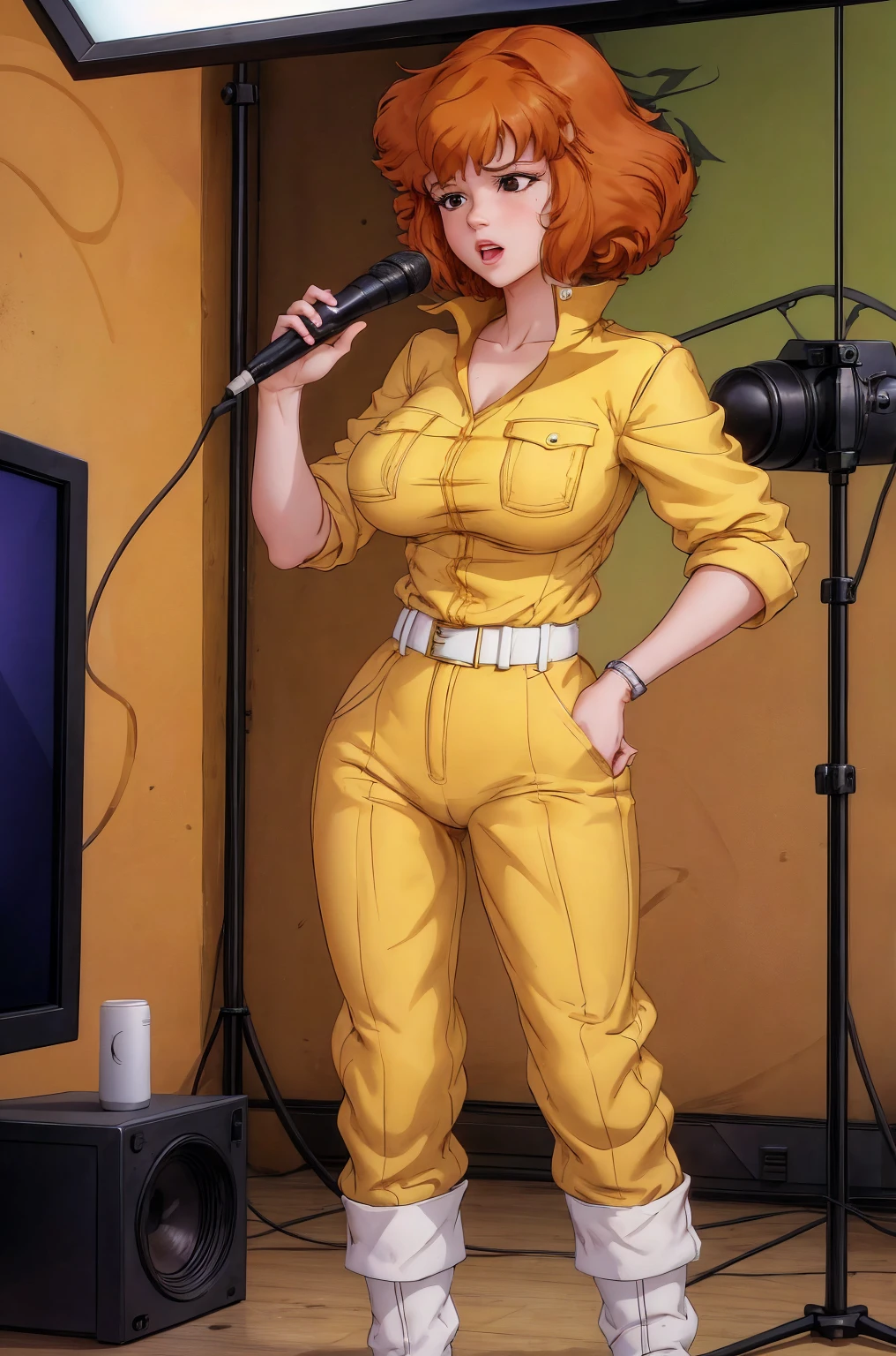 absurdres, april o'neil, 1girl, solo, 1 person in picture, short brown hair, black eyes, full body, yellow jumpsuit, sleeves rolled up, white belt, high white boots, tight clothes, in tv new studio, sad, shy, cameltoe, nipples, upper body, speaking in microphone,