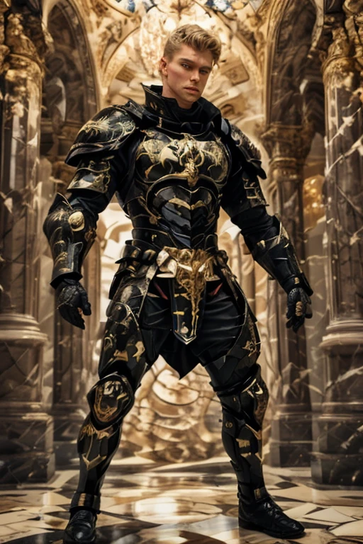(German Men), translator, Marble knight in armour, Dynamic pose, Combat Stance, Outdoor, close, Realistic,Best masterpiece, Intricate details,  Depth of written boundary, Photos of handsome men,Blonde、
