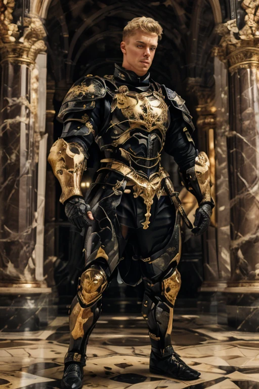 (German Men), translator, Marble knight in armour, Dynamic pose, Combat Stance, Outdoor, close, Realistic,Best masterpiece, Intricate details, Depth of written boundary, Photos of handsome men,Blonde、
