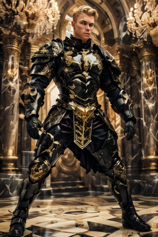(German Men), translator, Marble knight in armour, Dynamic pose, Combat Stance, Outdoor, close, Realistic,Best masterpiece, Intricate details,  Depth of written boundary, Photos of handsome men,Blonde、