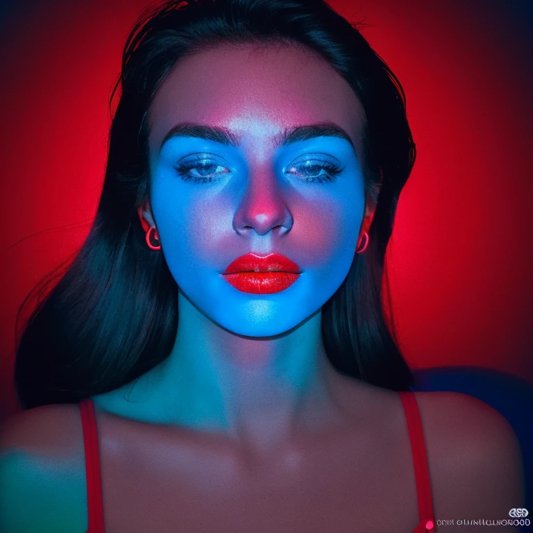 arafed image of a woman with a man's face in the background, an album cover by Giorgio Cavallon, tumblr, digital art, glowing face, blue and red lighting, glowing blue face, red and blue lighting, red and blue back light, blue and red lights, red and blue neon, blue and red tones, light falling on face, face illuminated