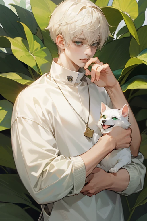 1boy, upper body, short white hair, tall, white skin tone,personification,green eyes, white sweatshirt, alongside jeans, laughs, Dog collar around neck, soft light, 8K, masterpiece, looking at viewer, cutie lugh,pixiv,