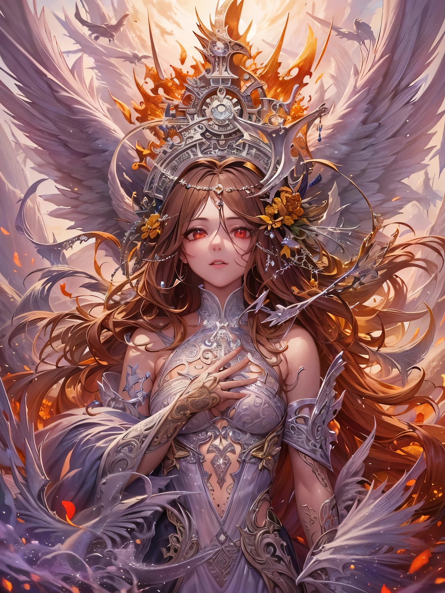 ((highest quality)),(Ultra-high resolution),(Super detailed new),(Detailed Description),((The best CG)),(A masterpiece),Ultra-detailed art,A wonderful new art form,(Fantasy art with intricate detail:1.5), (Female angels:1.4), burn, Eyes glowing with anger, 