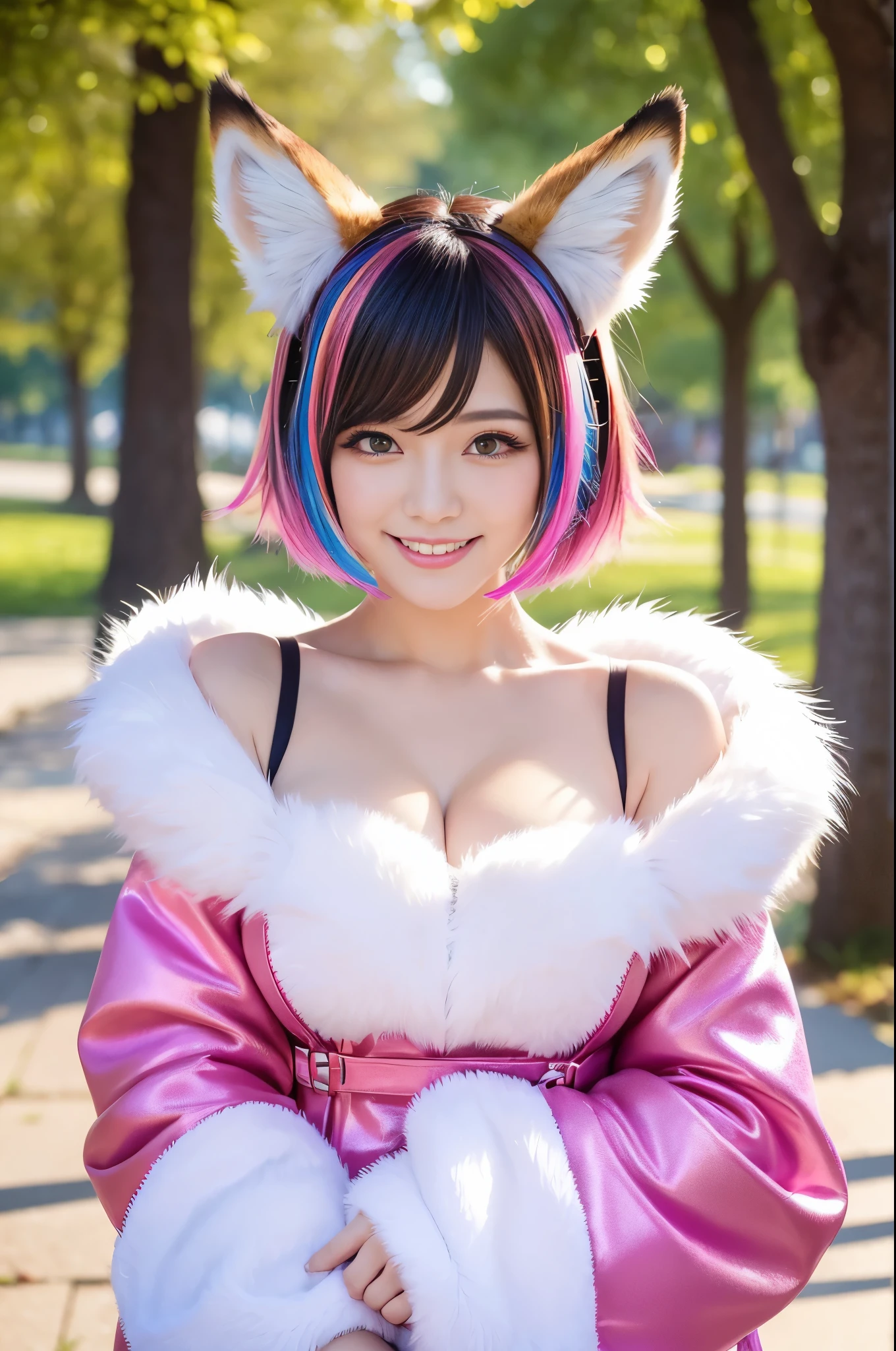 ultra sexy female, (-anime), only 1 female, very short hair, beautiful smile, lipgloss, long lashes, defined eyebrows, detailed fox anime cosplay, fluffy fur vivid colors outfit, cosplay accessoires, fox ears, vivid colors, look at the camera, cinematic light, large park background with trees, sweet and sexy pose