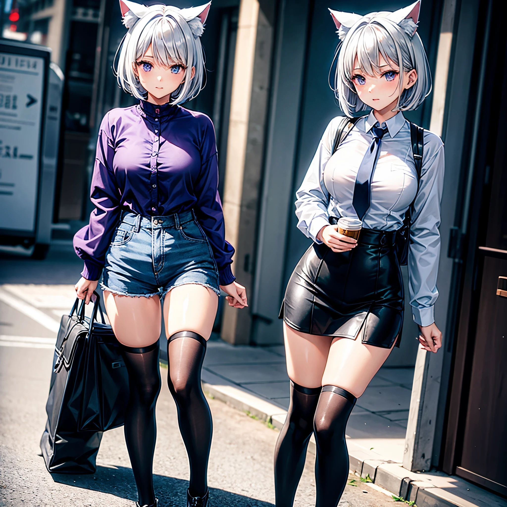 beautiful girl、Cat ear、tail(silver)、Silver Hair、Purple eyes、White shirt、Blue tie、Cool Beauty、short hair、Low exposure、hot pants、Brown long boots、Black knee socks、one person、
