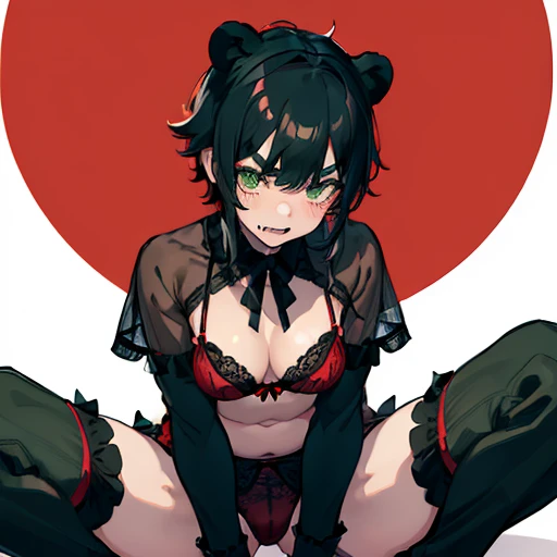 ((((1boy)))), ((thick eyebrows)), fangs, green eyes, ((red and black lingerie)), black hair, chubby, double tooth, (((bear ears))), embarrassed face,messy hair,cowgirl position, squatting, ((spread legs)),(((bangs parted on the right side)))