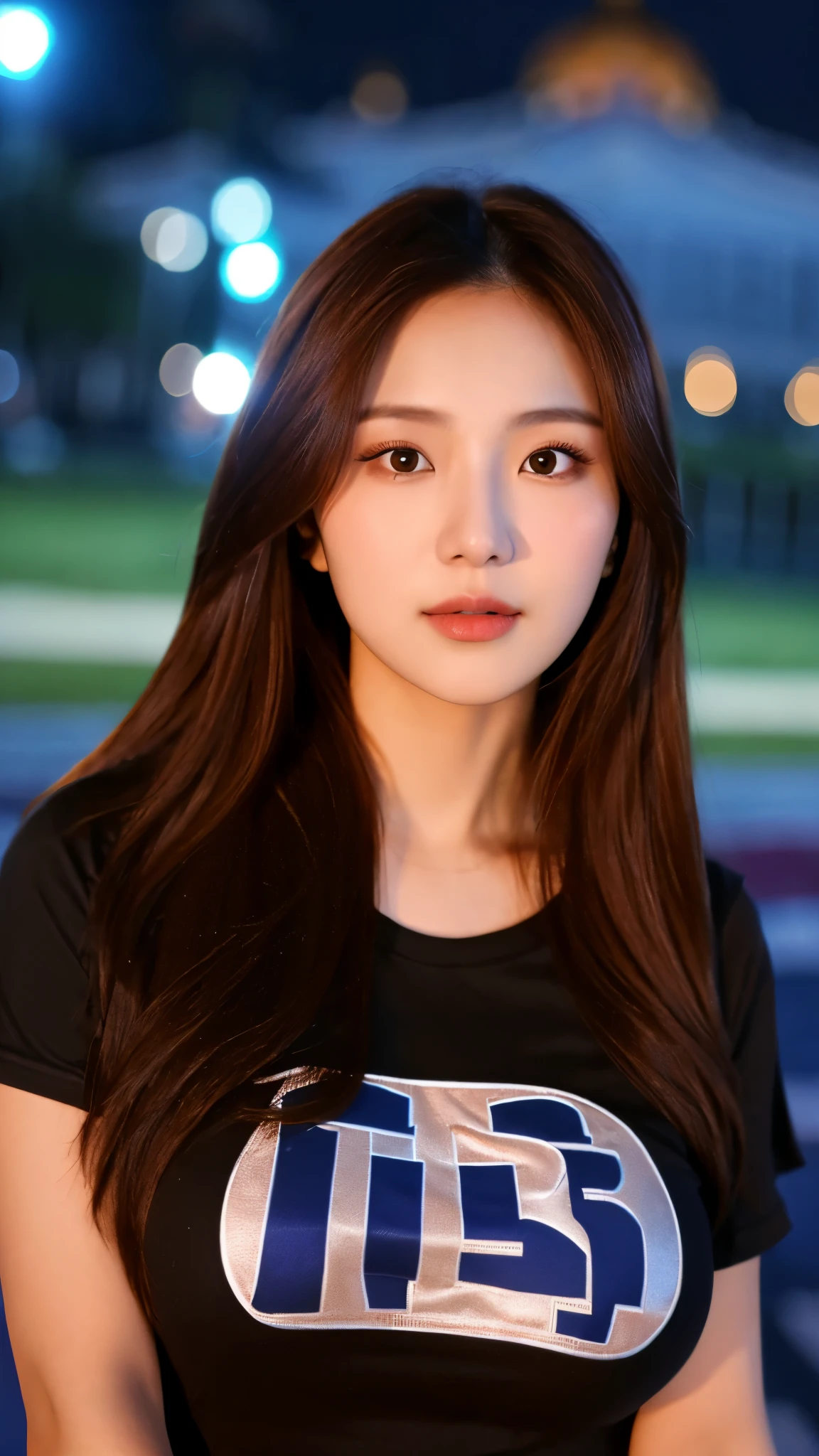 extreme close-up of beautiful korean female, 34 inches breasts size, wearing fitting t-shirt, in front of the palace, night, bokeh background, UHD