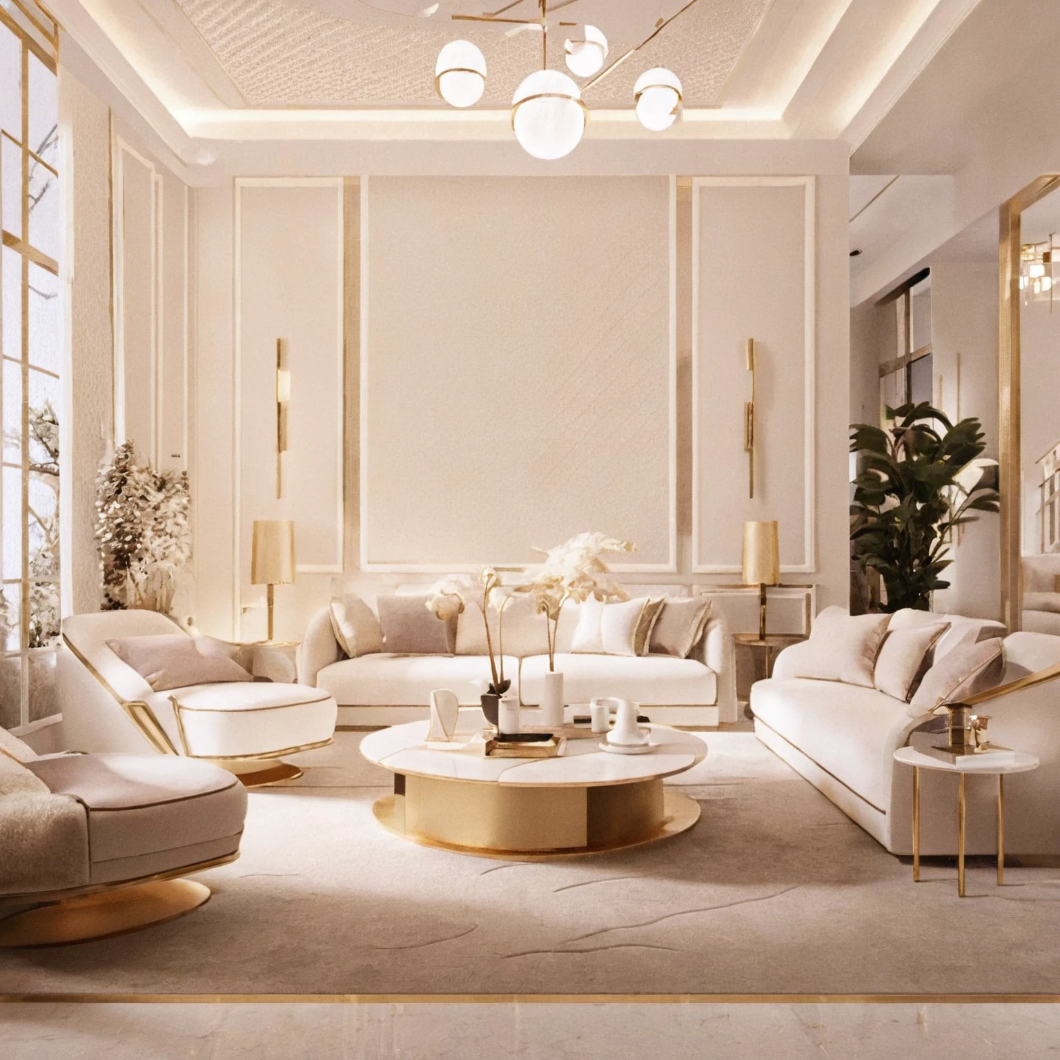 ，Masterpiece, Best quality，8K, Ultra-high resolution，When you step into the living room，Immediately surrounded by a rich atmosphere of luxury。Ornate crystal chandeliers hang high on the wall，Shine brightly。The sofa was covered with a soft white fluffy blanket，It is so comfortable，So much so that you can't help but indulge in it。In the corner of the living room is a delicate coffee table，Embellished with precious porcelain and champagne gold ornaments。Whenever it is late afternoon，The afterglow from the window spilled on the floor，Soft light and shadow are reflected，It was as if entering a dreamland。