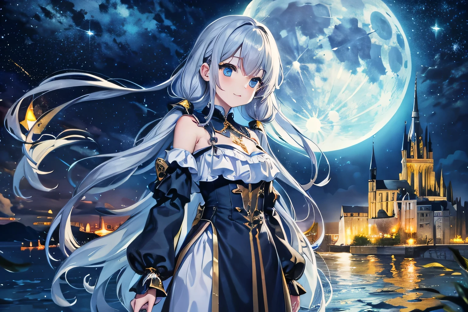 Mont Saint-Michel Abbey floating on the sea、moonlight、Big Moon、Starry Sky、milky way、Light blue long hair、beautiful girl with twin tails、Adorable smile、