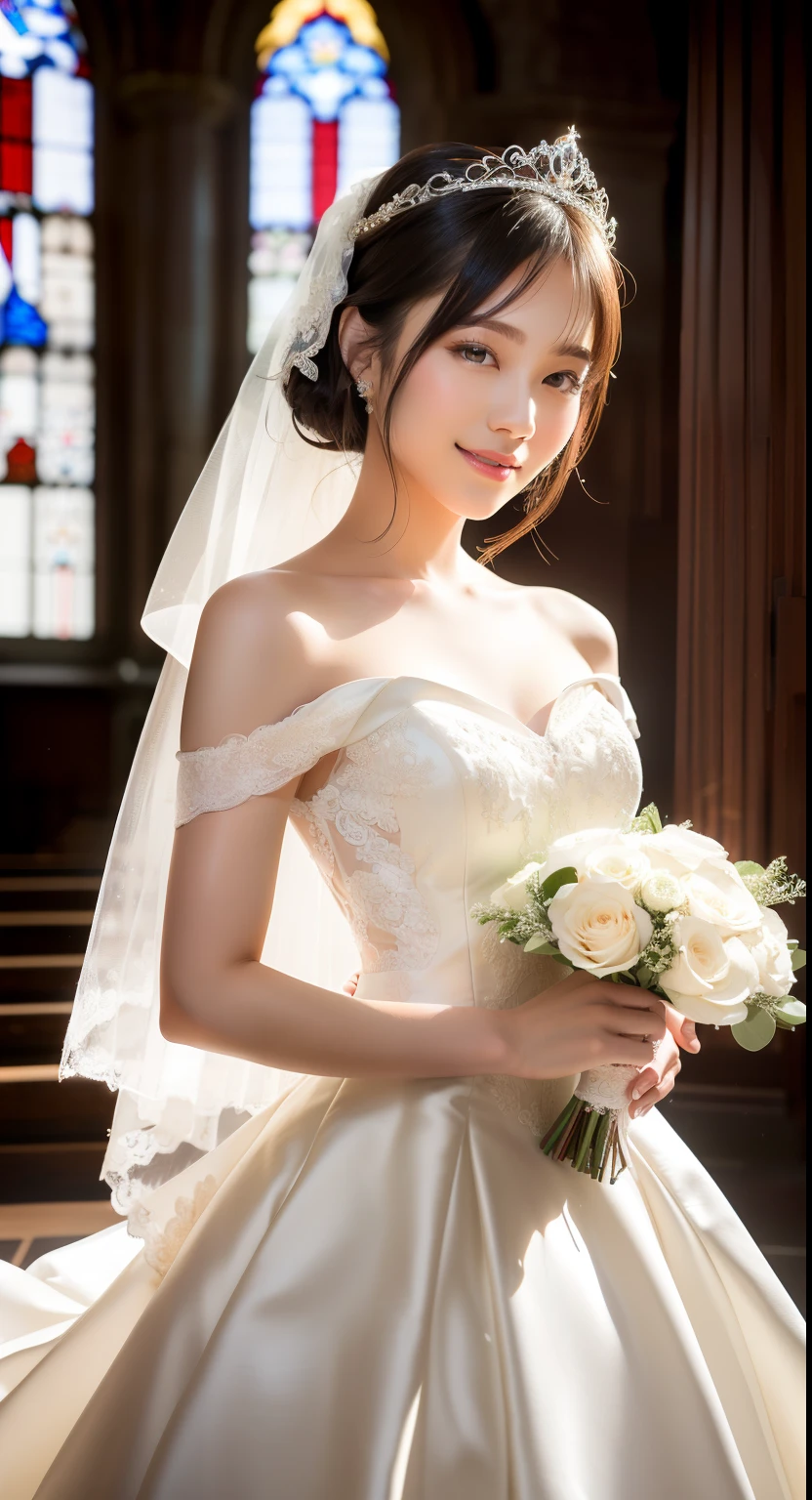 (Best quality: 1.5), (Realistic: 1.5), (1 person: 1.5), (Medium shot: 1.5), Highly detailed, High resolution, 8k, Medium breasts, Natural colored lips, Cute smile, Japanese woman, 20-year-old girl, beautiful and elegant features, perfect and beautiful face, large eyes with good balance between the left and right sides, brunette eyes, beautiful and elegant features, beautiful double eyelids, natural bangs, beautiful thin nose, beautiful skin, fair skin, (medium bob hair), natural bangs, perfect and beautiful face, slim face and figure, (looks at the camera with a sweet smile), bright lighting, professional lighting, forward lighting, princess line wedding dress, best Wearing a luxury tiara (wearing a pure white off-shoulder wedding dress), beautiful stained glass, cathedral, holding a bouquet, (luxury wedding dress), lace white gloves, bridal tiara, bridal veil,