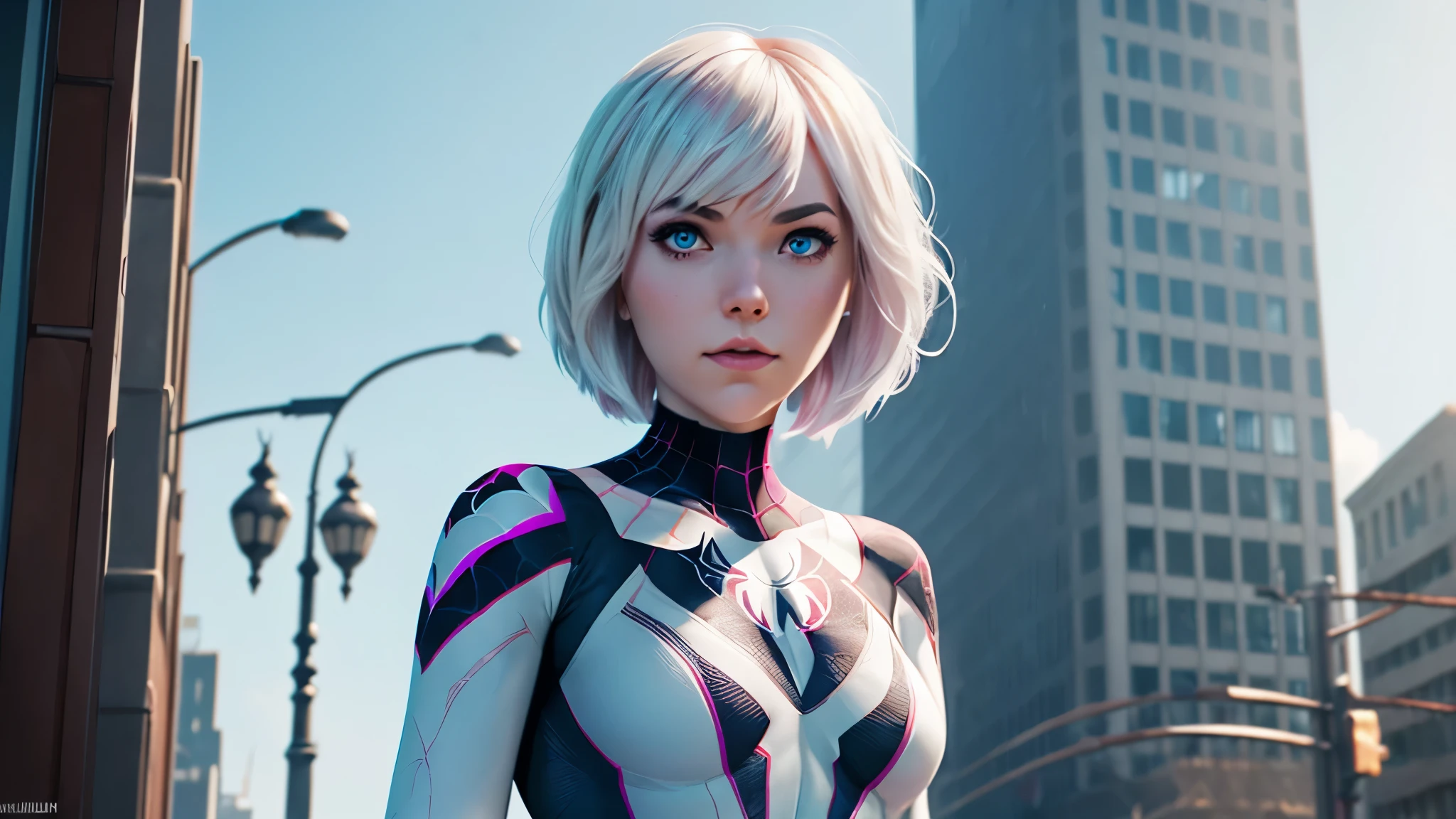 (((1 girl))), ((Spider-Gwen)), ((Spider-Gwen Outfit)), ((Spider-Gwen Haircut)), Textur, filmgrain, Hautporen, dusty atmospheric haze, Vignettierung, Falten, komplizierte Details:0.2 Intricate dramatic cinematic movie stills of a beautiful, elegant, Augenkontakt, (herablassendes, wirkliches Leben, HDR (Hoher dynamischer Bereich), Raytracing, NVIDIA RTX, super resolution, Unreal 5, selbstbewusstes Grinsen)1.2, (niedriger Winkel)1.2, Bokeh im Vordergrund, hasselblad RAW dramatisches Foto, (blue eyes), (city in Background), ((High detailed eyes))