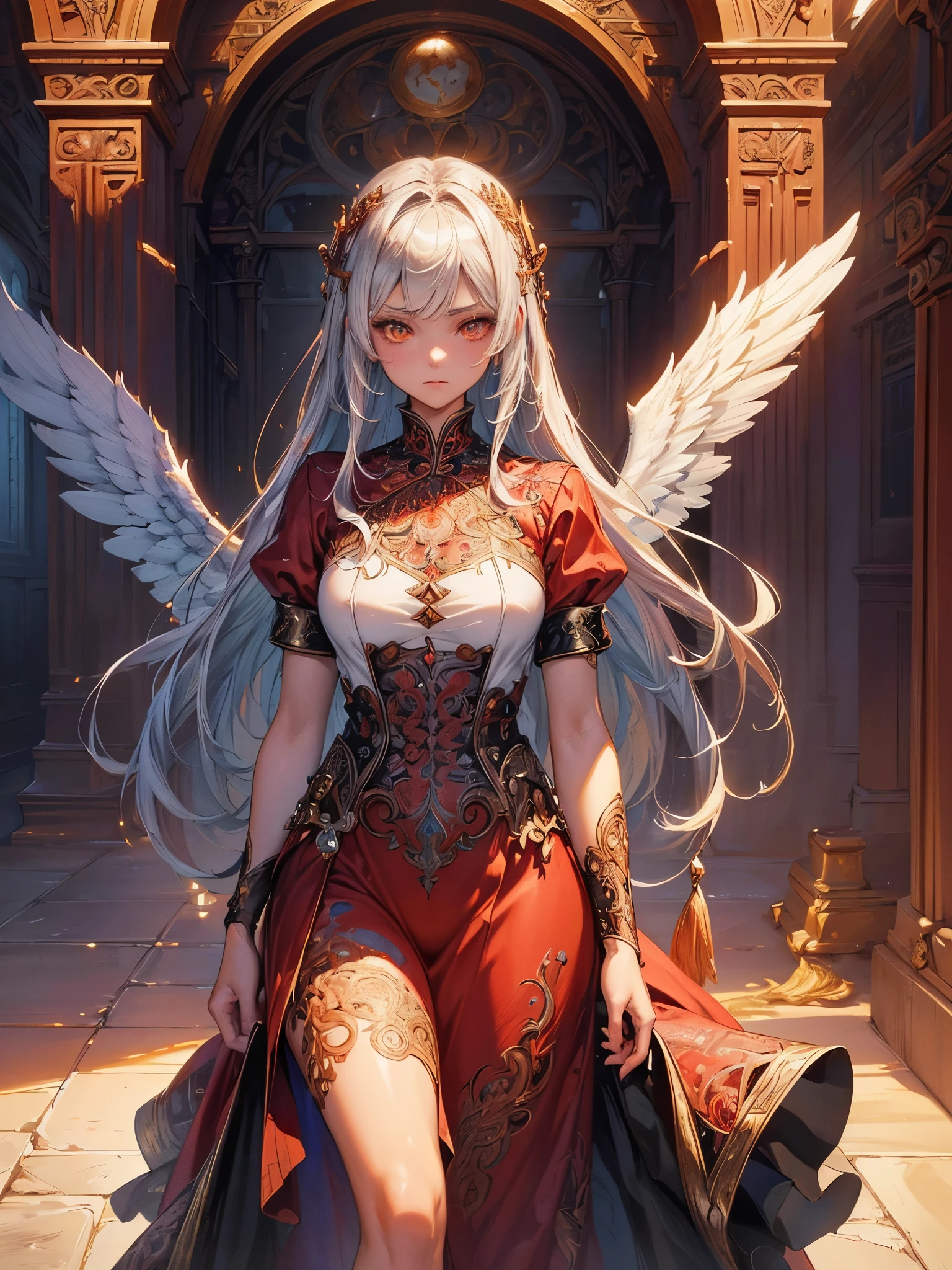 ((highest quality)),(Ultra-high resolution),(Super detailed new),(Detailed Description),((The best CG)),(A masterpiece),Ultra-detailed art,A wonderful new art form,(Fantasy art with intricate detail:1.5), (Female angels:1.4), burn, Eyes glowing with anger,