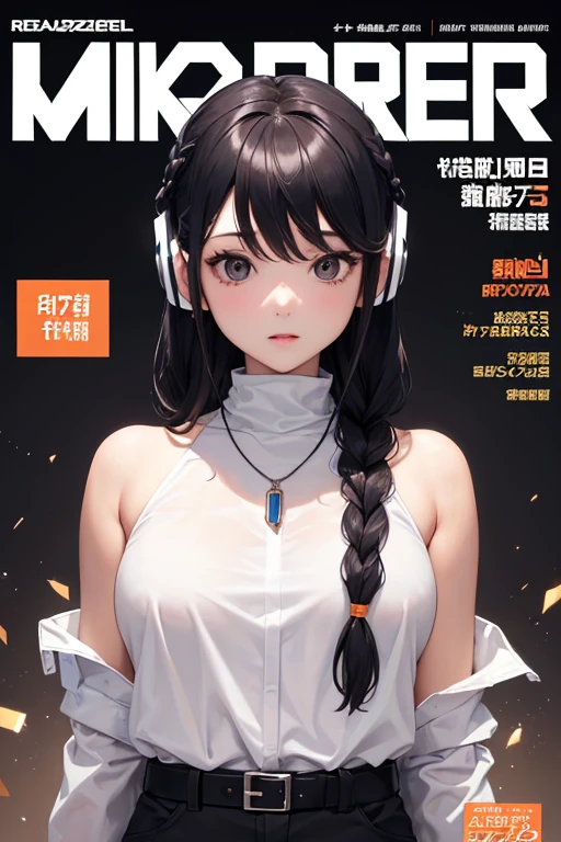 ((Upper body naked))、(Magazine covers:1.3)、ulzzang-6500、(realisitic:1.3)、(Original:1.2)、masterpiece、top-quality、Beautiful clean face、full body Esbian、1womanl、(Wear headphones with complex electronics)、Wearing a black techwear jacket and orange trousers with buckle and tape、(crystal necklace)、pose for photo、(White braided bun hair)、Ruins、pylons