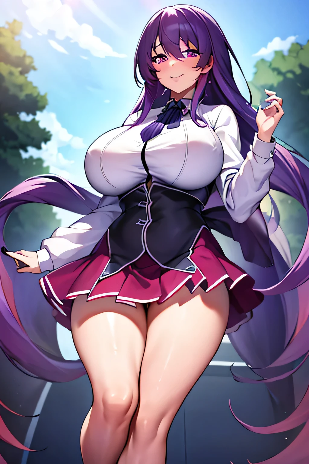 best quality, masterpiece, 1girl, wide hips, smile, HimejimaAkenoNDV, 1girl, purple hair, large breasts, very long hair, purple eyes, red skirt,shirt, corset, outdoor, 