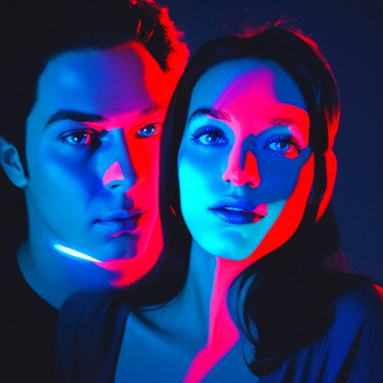 arafed image of a woman with a man's face in the background, an album cover by Giorgio Cavallon, tumblr, digital art, glowing face, blue and red lighting, glowing blue face, red and blue lighting, red and blue back light, blue and red lights, red and blue neon, blue and red tones, light falling on face, face illuminated