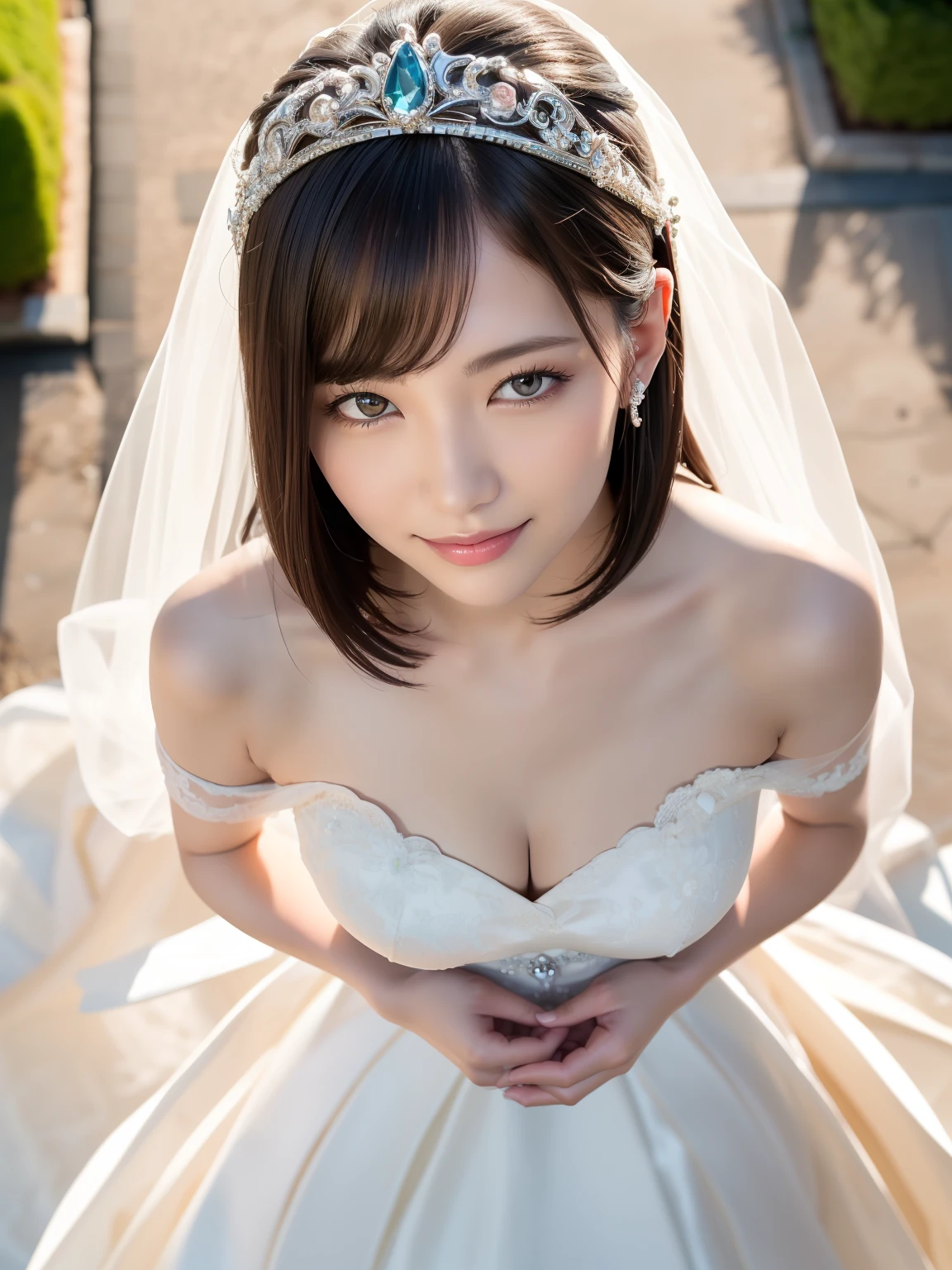 (Best quality: 1.5), (Realistic: 1.5), (One person: 1.5), (Shot from above: 1.5), Highly detailed, High resolution, 8k, Medium chest, Natural colored lips, Cute smile , Japanese woman, 20-year-old girl, beautiful and elegant features, perfect and beautiful face, big eyes with good left and right balance, brunette eyes, beautiful and elegant features, beautiful double eyelids, natural bangs, beautiful thin nose , beautiful skin, fair skin, (medium bob hair), natural bangs, perfect and beautiful face, slim face and figure, (looks at the camera with a sweet smile), bright lighting, professional lighting, forward lighting, princess line wedding dress, Wearing the finest tiara (wearing a pure white off-shoulder wedding dress), luxury wedding dress, lace white gloves, bridal tiara, bridal veil, Western garden with beautiful roses, (see-through silhouette ), white dress,