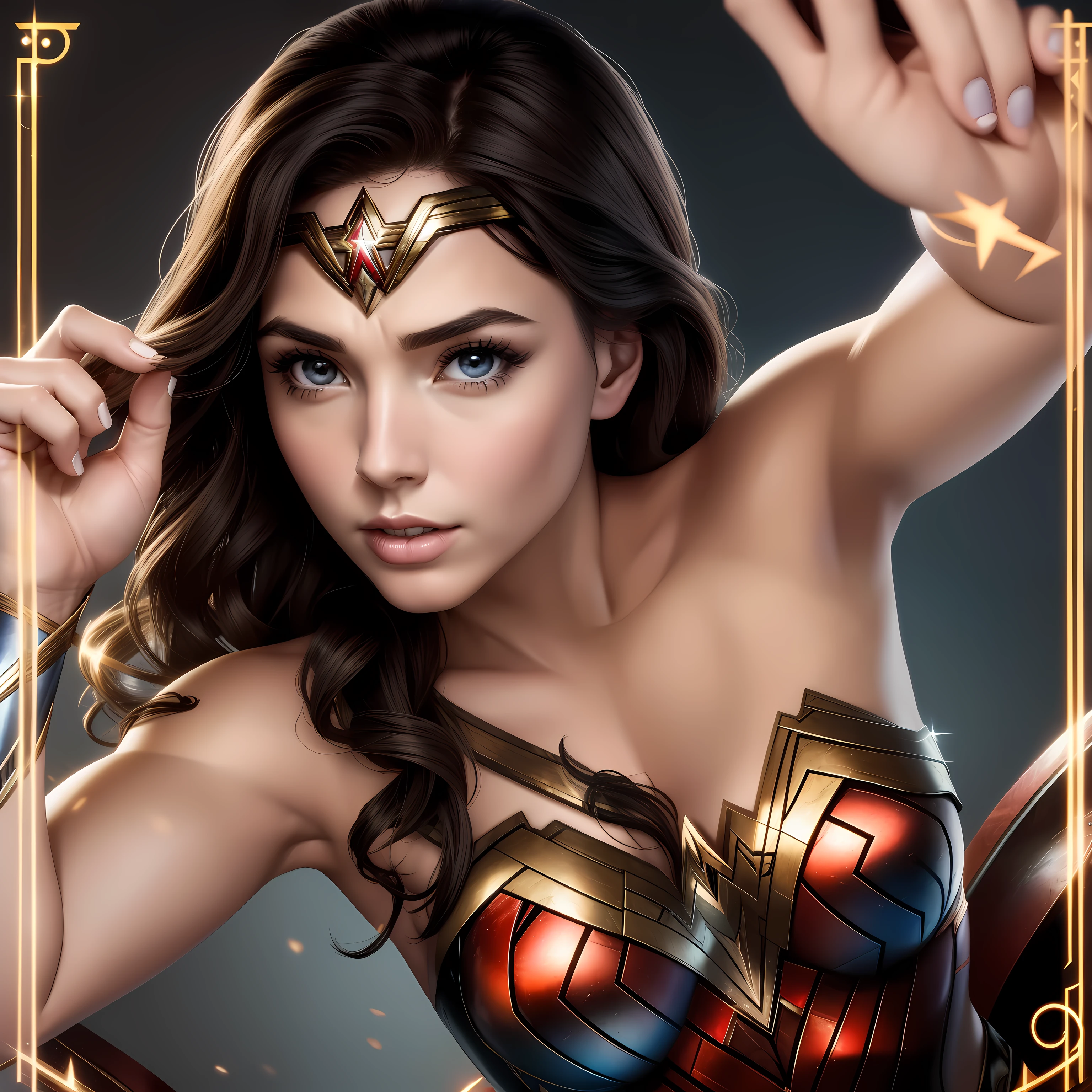 style de séance photo, belle Wonder Woman, CC, corps parfait, visage parfait, conceptions complexes de distorsion thermique, elegant, curved, very detailed, Sharpness, art d'Artgerm et Greg Rutkowski et Frank Frazetta, chef-d'artwork,ultra realistic,32K,fond d'Extremely detailed Unity 8k CG display, Best quality