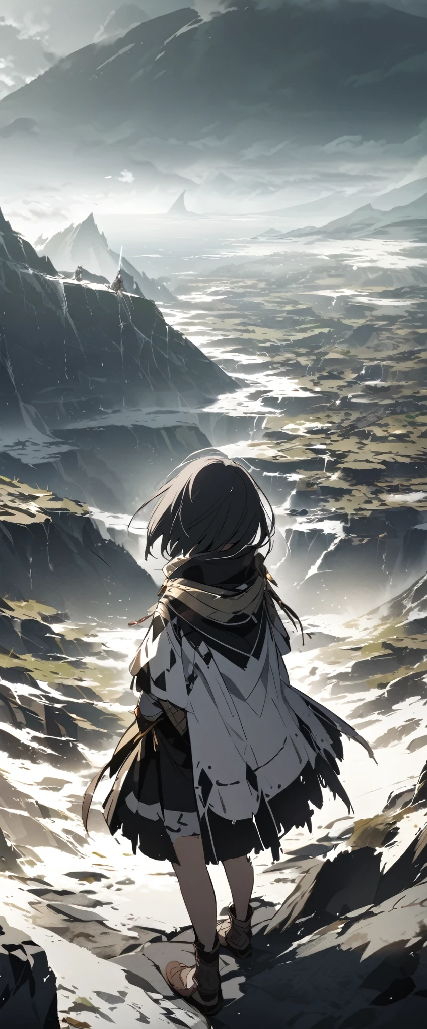 atmospheric perspective,((Lost civilization、Devastated Land、Girl Traveling)),Otherworldly clothing、Grey World、(Overlooking)