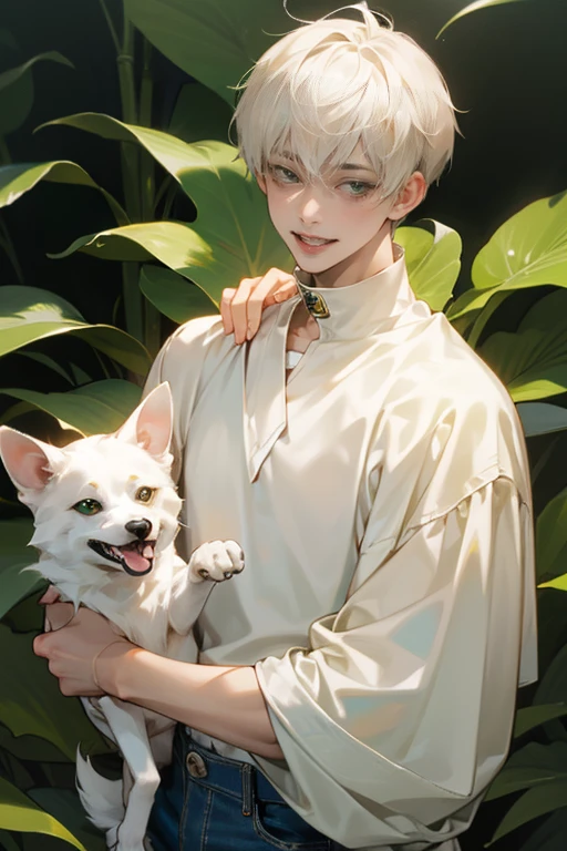 1boy, upper body, short white hair, tall, white skin tone,personification,green eyes, white sweatshirt, alongside jeans, laughs, Dog collar around neck, soft light, 8K, masterpiece, looking at viewer, cutie lugh,pixiv,laughing 
