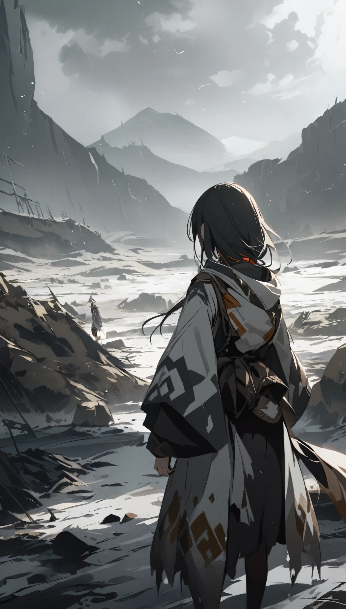 atmospheric perspective,((Lost civilization、Devastated Land、Girl Traveling)),Otherworldly clothing、Grey World