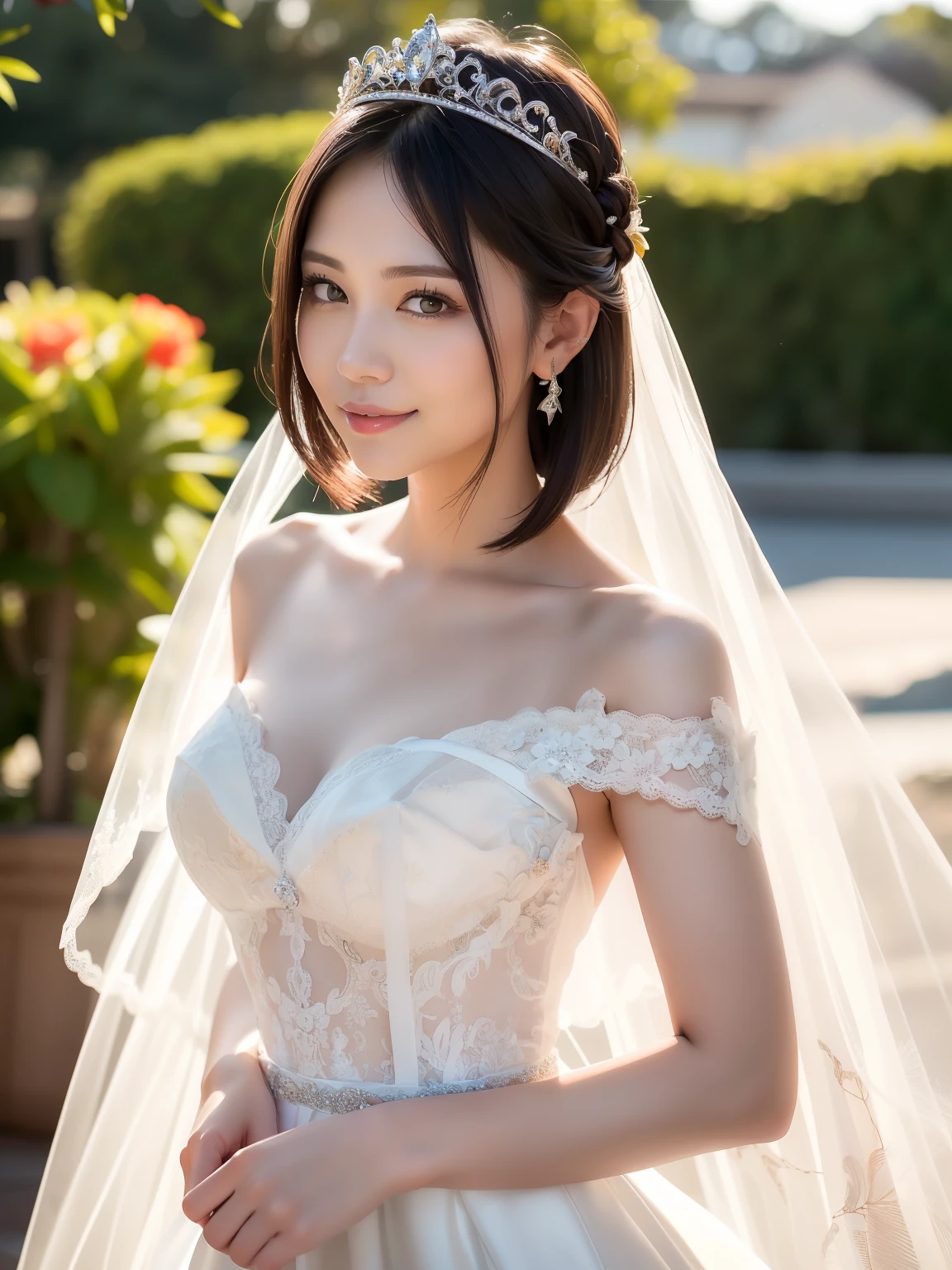 (Best quality: 1.5), (Realistic: 1.5), (Single person: 1.5), (Oblique shot: 1.5), Highly detailed, High resolution, 8k, Medium breasts, Natural lips, Cute Smile, Japanese woman, 20-year-old girl, beautiful and elegant features, perfect and beautiful face, large eyes with good balance between the left and right sides, brunette eyes, beautiful and elegant features, beautiful double eyelids, natural bangs, beautiful thin skin nose, beautiful skin, fair skin, (medium bob hair), natural bangs, perfect and beautiful face, slim face and figure, (looks at the camera with a sweet smile), bright lighting, professional lighting, forward lighting, princess line wedding dress , Wearing the finest tiara (wearing a pure white off-shoulder wedding dress), luxury wedding dress, lace white gloves, bridal tiara, bridal veil, (Western garden with beautiful roses), (see -through silhouette), white dress, Western garden, holding the hem of the skirt,