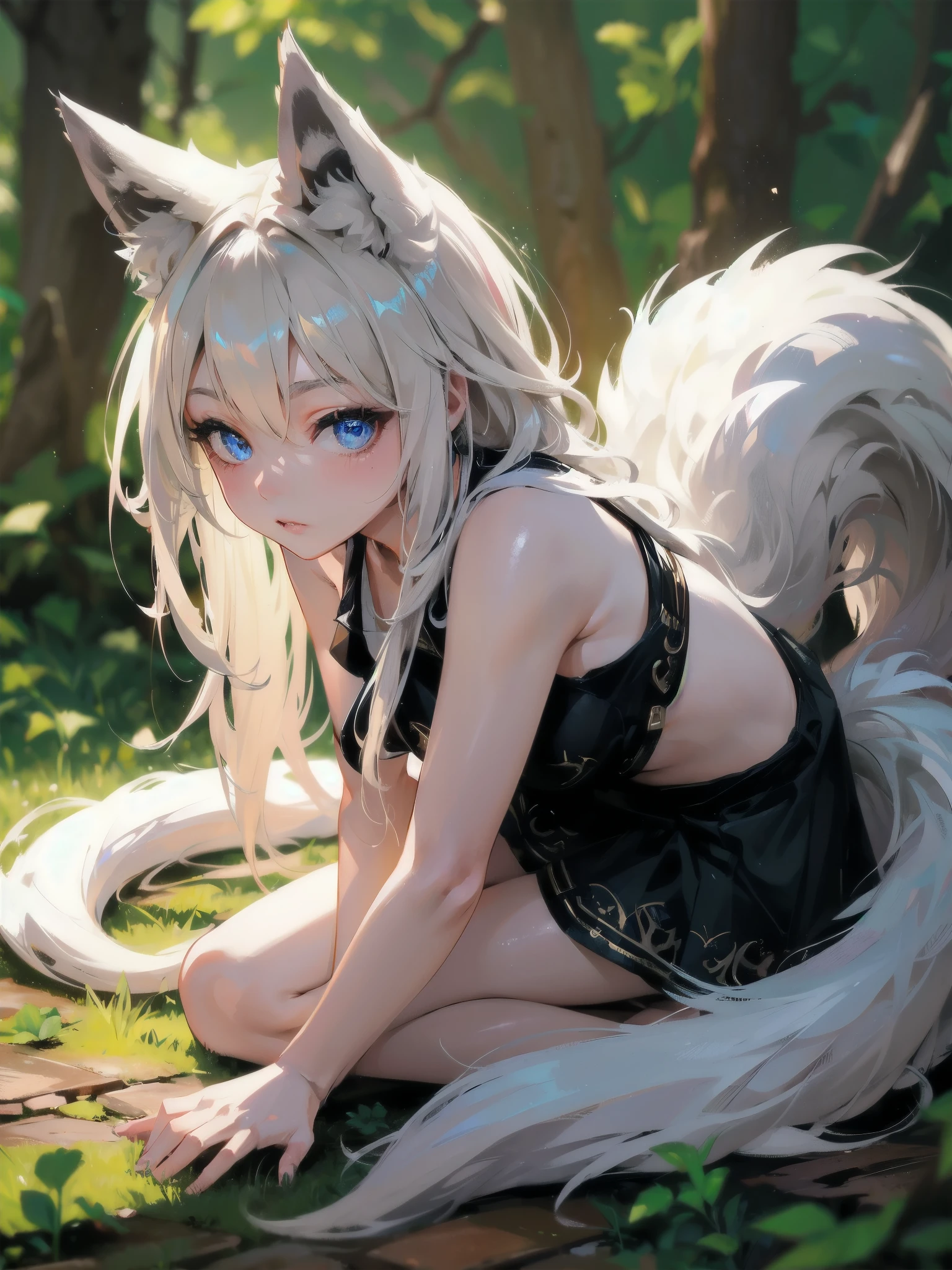 (Fox Girl, Fox Ears, Silver Hair, Fox Makeup, One Girl, Long Hair:1.6), (Black leotard, I can see her cleavage, Skin is visible:1.8), (Body measurements are 75-60-75!, Young girl body, Small breasts, Small breasts, Emphasize the chest:1.9), Avatar, face, lewd face, Dominant representation, naughty face, Uplifting, Skin Texture, outside, Grassy field