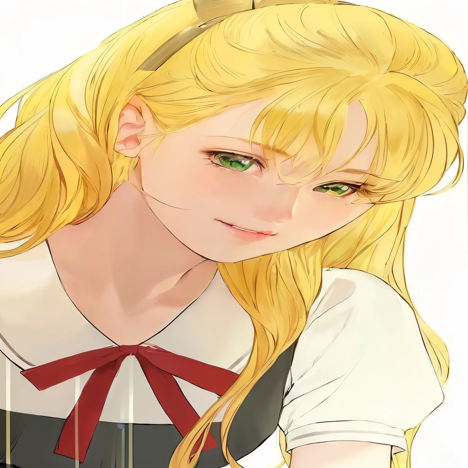 anime girl with blonde hair and green eyes in a white shirt, blonde anime girl with long hair, kawaii realistic portrait, cute natural anime face, beautiful anime portrait, realistic young anime girl, pretty anime girl, anime visual of a cute girl, portrait anime girl, beautiful anime girl, attractive anime girl, cute anime girl portrait, cute anime girl portraits