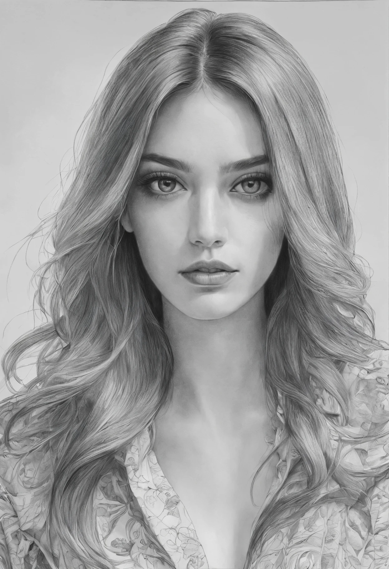 drawing of a woman with long hair and a shirt on, drawing, draw with pencil, realism drawing, professional portrait drawing ,draw with pencil, detailed beautiful portrait, drawing, portrait drawing, professional drawing, detailed beauty portrait, matte drawing ,draw with pencil