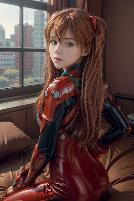 4K, 8K, (Masterpiece, best quality:1.2), blue eyes, perfect face, cosplay, professional photo, photo, photorealism, modelshoot style, portrait of shirogane, red plugsuit, feminine, bedroom, bed, sheets, window, plants, upper body, face shot