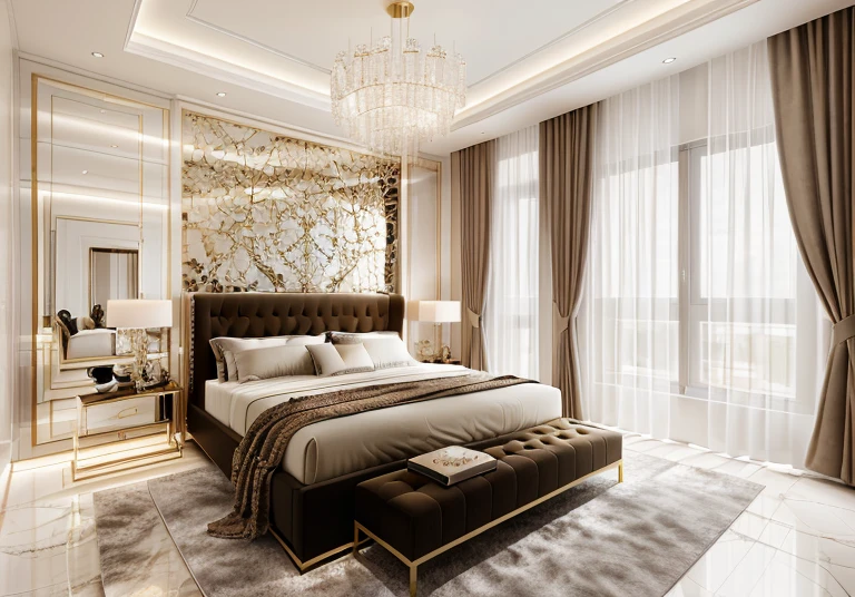 Modern bedroom design, luxurious interior, ((high resolution image, 8k, detailed anatomy of each object, rough surface, super detailed, super realistic, beautiful) spotless , surreal , spacious space , full light