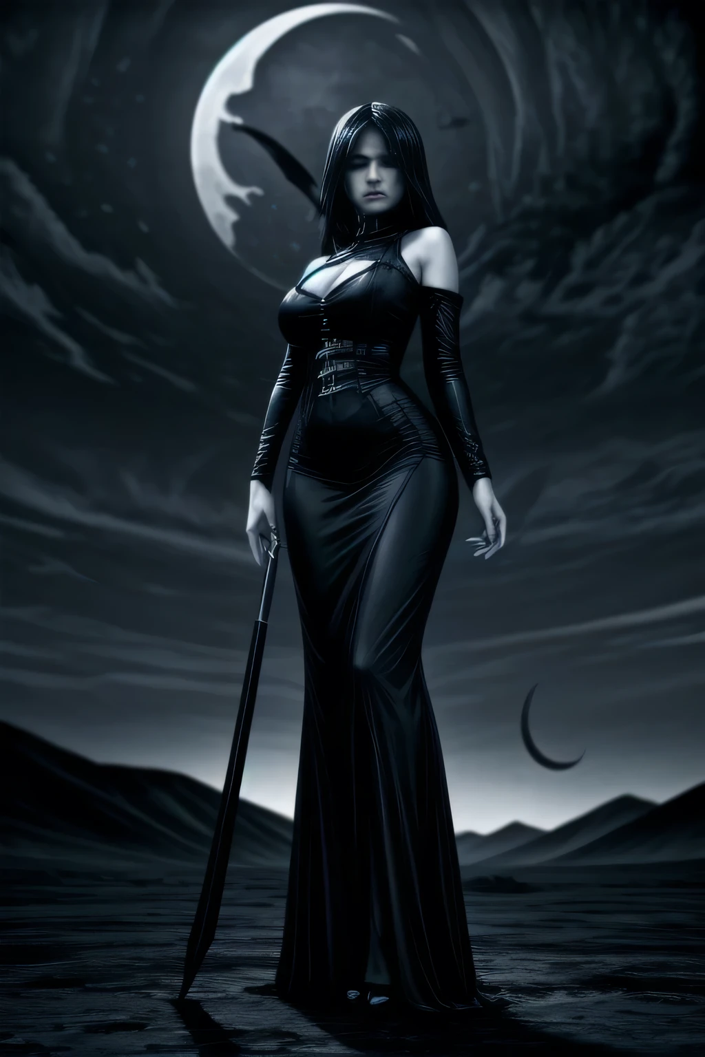 (monochrome, grayscale:1.2) ,Black Grim Reaper, Late Night Battlefield, Huge scythe, (Crescent Moon:1.2), Pale face, fully clothed, giga_busty, standing, full body shot, front view from below, dark cinematic lighting, covered breasts