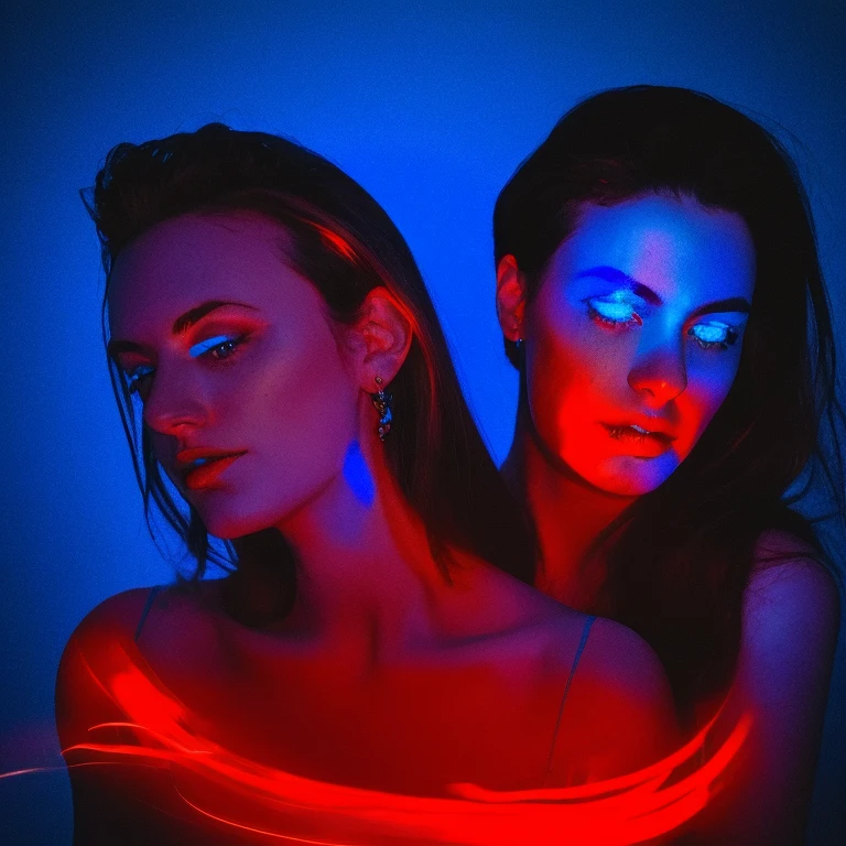 arafed image of a woman with a man's face in the background, an album cover by Giorgio Cavallon, tumblr, digital art, glowing face, blue and red lighting, glowing blue face, red and blue lighting, red and blue back light, blue and red lights, red and blue neon, blue and red tones, light falling on face, face illuminated