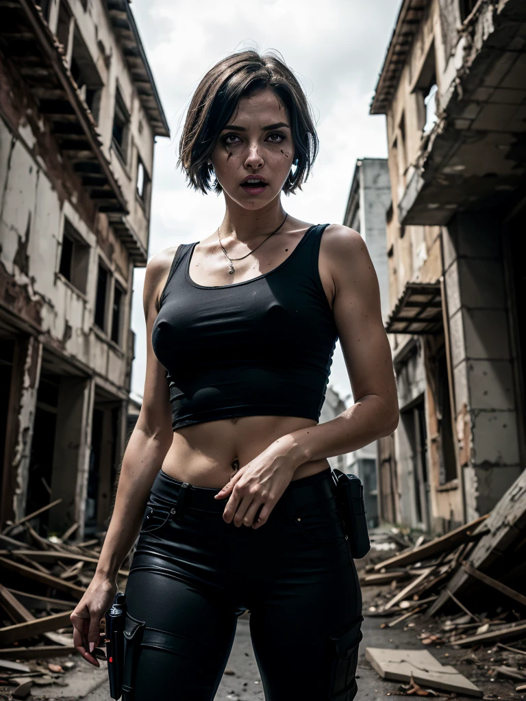 raw photo, horror movie style, dark photo, Resident Evil, close-up photo of Jill Valentine, blue top, (black tactical loadout), black tactical pants, looking at viewer, highly detailed  face, thigh-high photo, standing, in the ruins of an old house, zombies roaming the street, zombie apocalypse, night, gloomy atmosphere