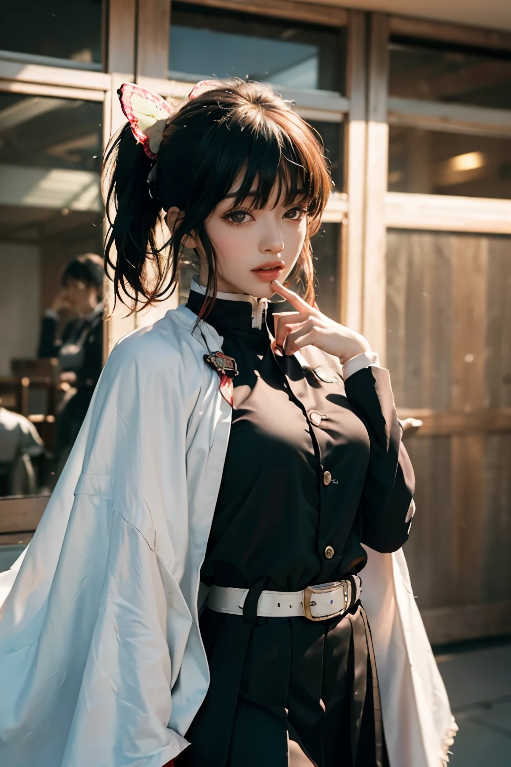 (RAW Photos, highest quality), (Realistic, Photorealistic Truth: 1.3), highest quality, Very detailed, masterpiece, Ultra-detailed, figure, One girl, kanao tsuyuri, ((Bangs Patsun,Side ponytail)),(( Demon Slayer uniform:1.4)), Butterfly Hair Ornament,( white belt), ( White Cape,Tie the red string around the throat),, (Black jacket), (Pleated skirt), belt, (Black Skirt), knees, buckle, belt buckle, (Black Shirt:1.0), upper_body, Dynamic Angle, World Mastery Theatre, long hair flying, Fluorescent Centred, highest quality, Cinema Lighting, lens_Flare, wuxia_style,(((Straight Bangs:1.4))),Mouth closed,Natural makeup,Reflection effect,smile,