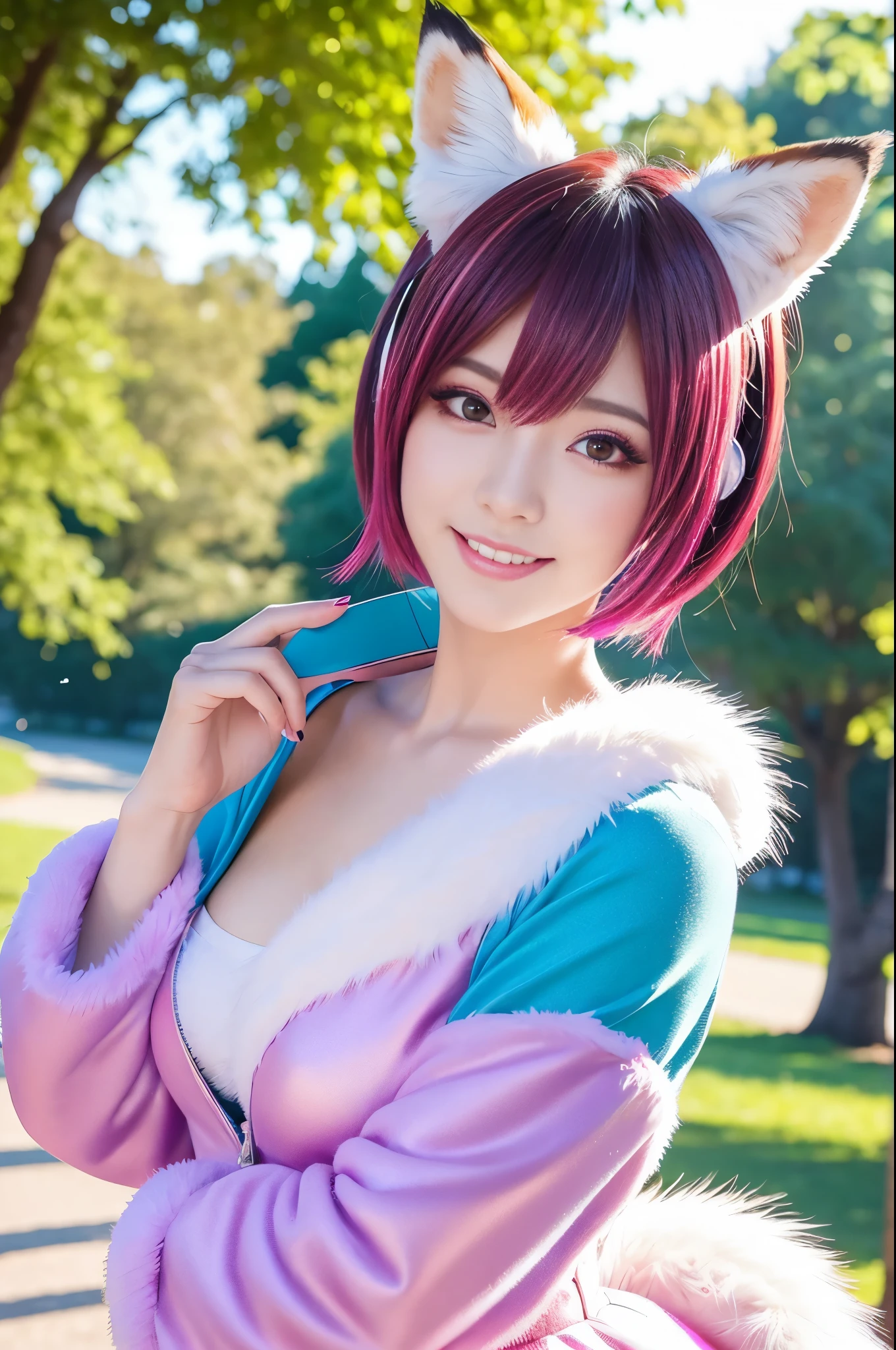 ultra sexy female, (-anime), only 1 female, very short hair, beautiful smile, lipgloss, long lashes, defined eyebrows, detailed fox anime cosplay, fluffy fur vivid colors outfit, cosplay accessoires, fox ears, vivid colors, look at the camera, cinematic light, large park background with trees, sweet and sexy pose