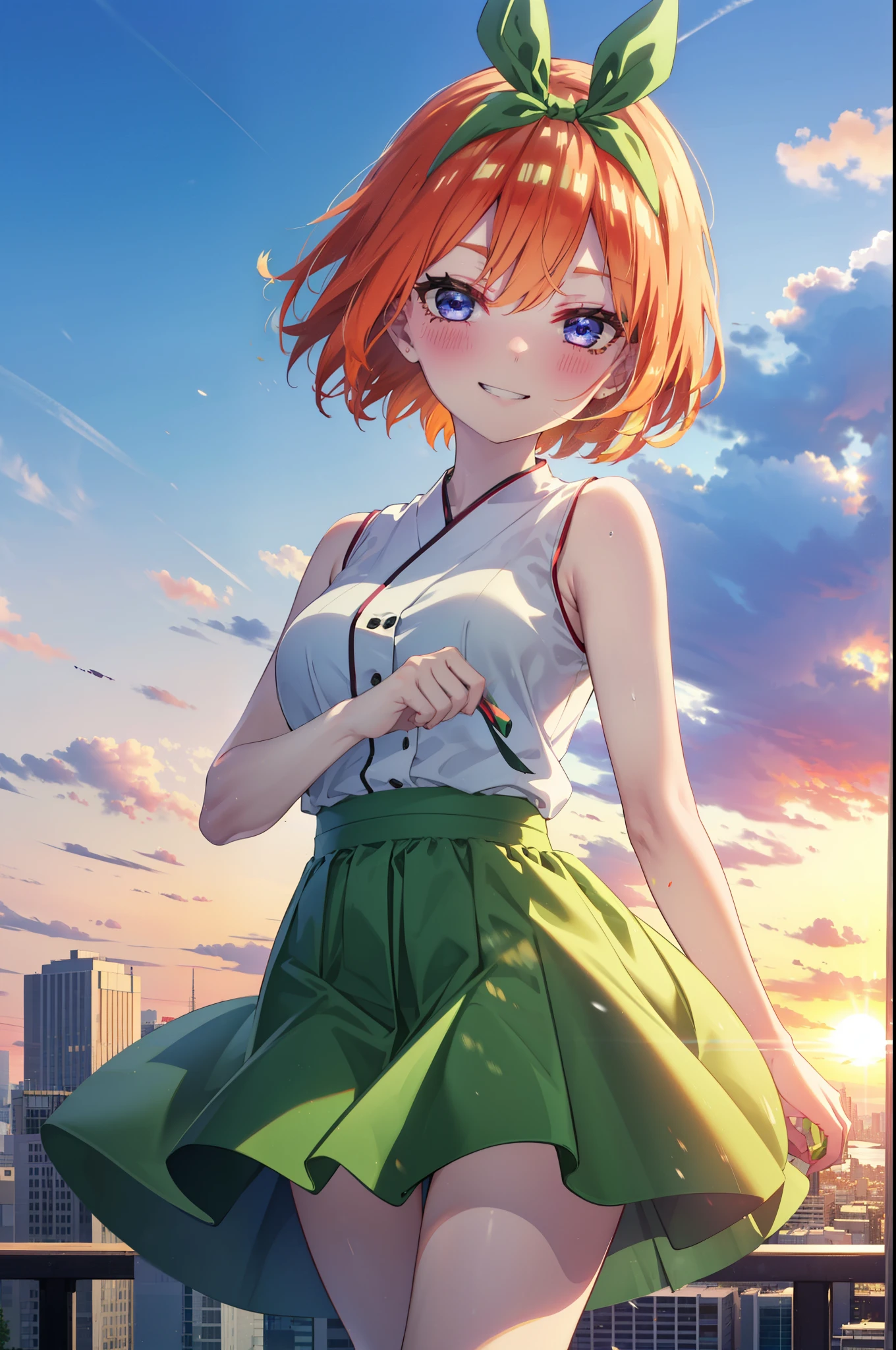 yotsubanakano, yotsuba nakano, bangs, short hair, blue eyes, Hair between the eyes, hair ribbon, hair band, Orange Hair, (Green ribbon:1.5), smile, Grin,smile,Sleeveless green dress,Bare arms,Green long skirt,Cute heeled sandals,sunset,evening,The sun goes down,My hair is blowing in the wind,whole bodyがイラストに入るように,Looking down from above,
break outdoors, city,海岸通り
break looking at viewer, whole body,
break (masterpiece:1.2), highest quality, High resolution, unity 8k wallpaper, (shape:0.8), (Beautiful details:1.6), Highly detailed face, Perfect lighting, Highly detailed CG, (Perfect hands, Perfect Anatomy),