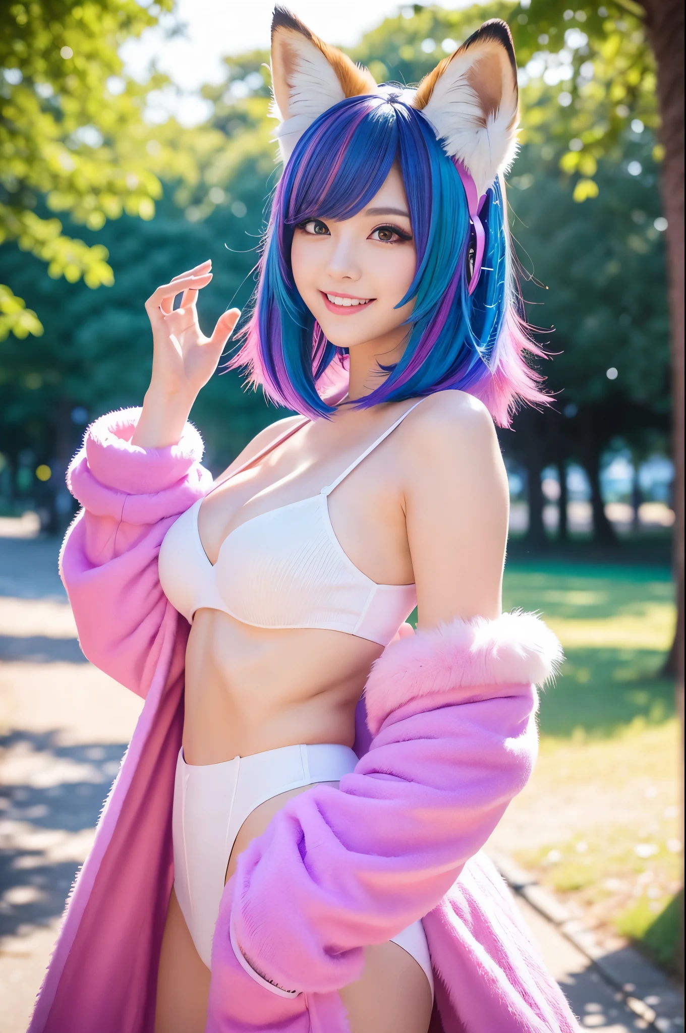 ultra sexy female, (-anime), only 1 female, very short hair, beautiful smile, lipgloss, long lashes, defined eyebrows, detailed fox anime cosplay, fluffy fur vivid colors outfit, cosplay accessoires, fox ears, vivid colors, look at the camera, cinematic light, large park background with trees, sweet and sexy pose